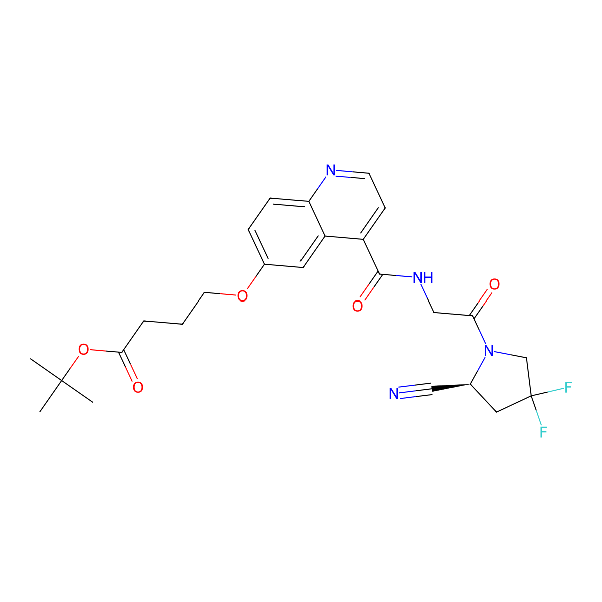 tert-butyl (S)-4-((4-((2-(2-cyano-4,4-difluoropyrrolidin-1-yl)-2-oxoethyl)carbamoyl)quinolin-6-yl)oxy)butanoate molecular structure, CAS 2938229-53-7