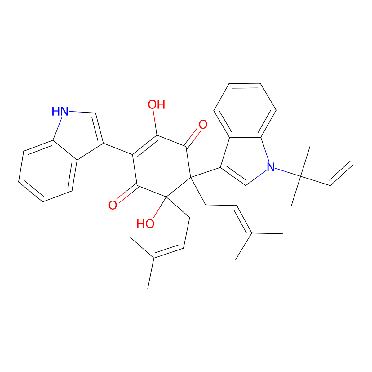 2,5-dihydroxy-3-(1H-indol-3-yl)-5,6-bis(3-methylbut-2-enyl)-6-[1-(2-methylbut-3-en-2-yl)indol-3-yl]cyclohex-2-ene-1,4-dione molecular structure, CAS 2938352-90-8