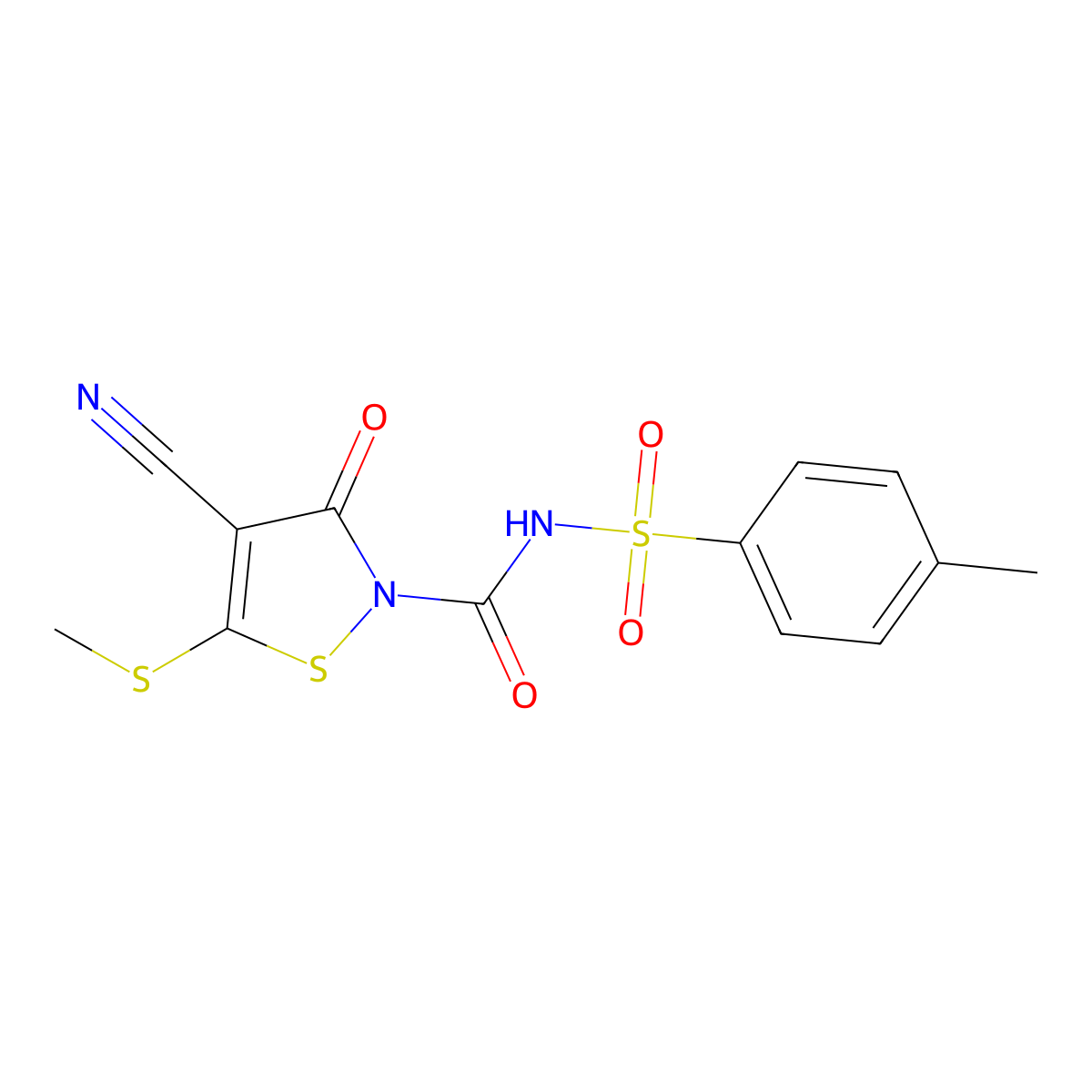 N-{[4-cyano-5-(methylsulfanyl)-3-oxo-2(3H)-isothiazolyl]carbonyl}-4-methylbenzenesulfonamide molecular structure, CAS 29388-97-4