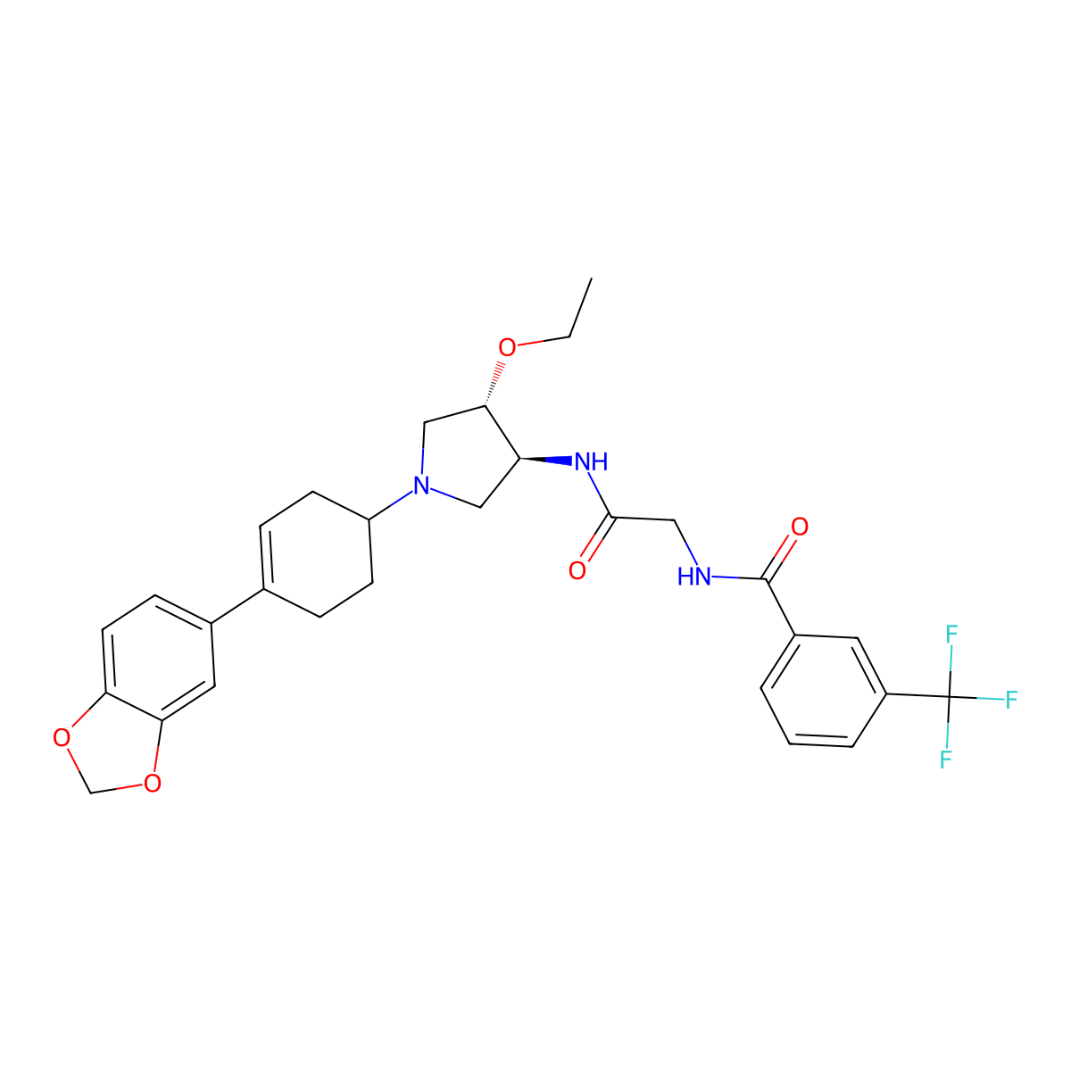 N-(2-(((3S,4S)-1-(4-(benzo[d][1,3]dioxol-5-yl)cyclohex-3-en-1-yl)-4-ethoxypyrrolidin-3-yl)amino)-2-oxoethyl)-3-(trifluoromethyl)benzamide-rel molecular structure, CAS 2938993-71-4