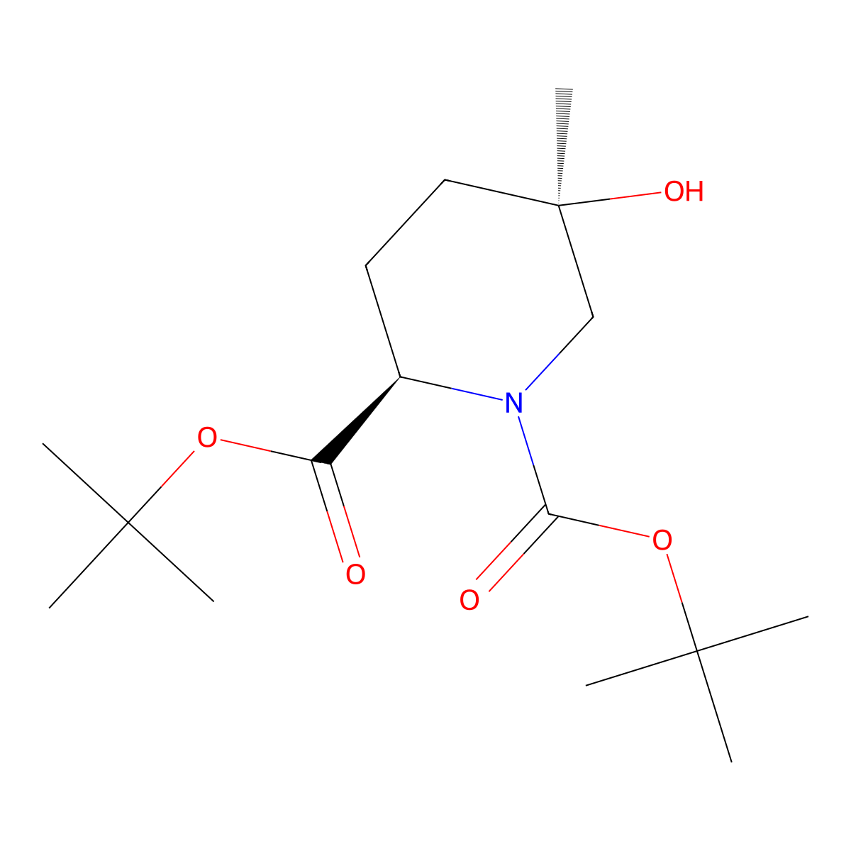 Ditert-butyl (2R,5R)-5-hydroxy-5-methyl-piperidine-1,2-dicarboxylate molecular structure, CAS 2940860-58-0
