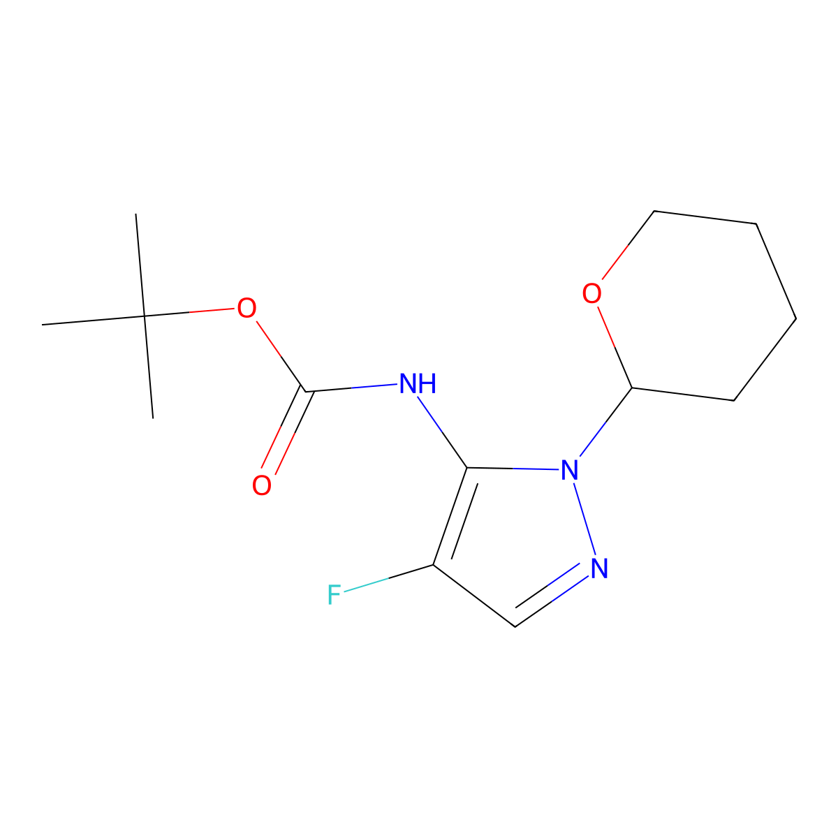 tert-butyl N-(4-fluoro-2-tetrahydropyran-2-yl-pyrazol-3-yl)carbamate molecular structure, CAS 2940944-63-6