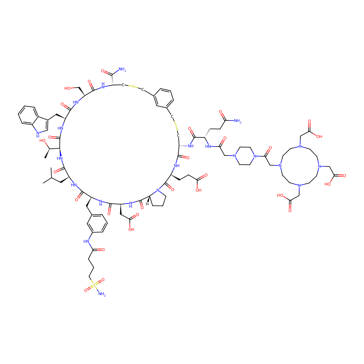 3-[(5R,8S,14R,17S,20S,23S,26S,29S,32S,35R)-5-[[(2S)-5-amino-5-oxo-2-[[2-[4-[2-[4,7,10-tris(carboxymethyl)-1,4,7,10-tetrazacyclododec-1-yl]acetyl]piperazin-1-yl]acetyl]amino]pentanoyl]amino]-35-carbamoyl-17-(carboxymethyl)-26-[(1R)-1-hydroxyethyl]-32-(hydroxymethyl)-29-(1H-indol-3-ylmethyl)-23-(2-methylpropyl)-6,9,15,18,21,24,27,30,33-nonaoxo-20-[[3-(4-sulfamoylbutanoylamino)phenyl]methyl]-3,37-dithia-7,10,16,19,22,25,28,31,34-nonazatricyclo[37.3.1.010,14]tritetraconta-1(43),39,41-trien-8-yl]propanoic acid molecular structure, CAS 2941391-49-5
