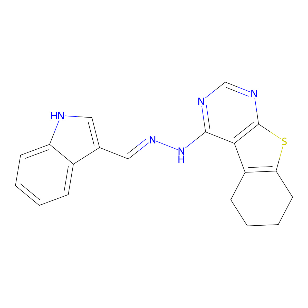 4-[(2E)-2-(1H-indol-3-ylmethylidene)hydrazinyl]-5,6,7,8-tetrahydro[1]benzothieno[2,3-d]pyrimidine molecular structure, CAS 294193-86-5