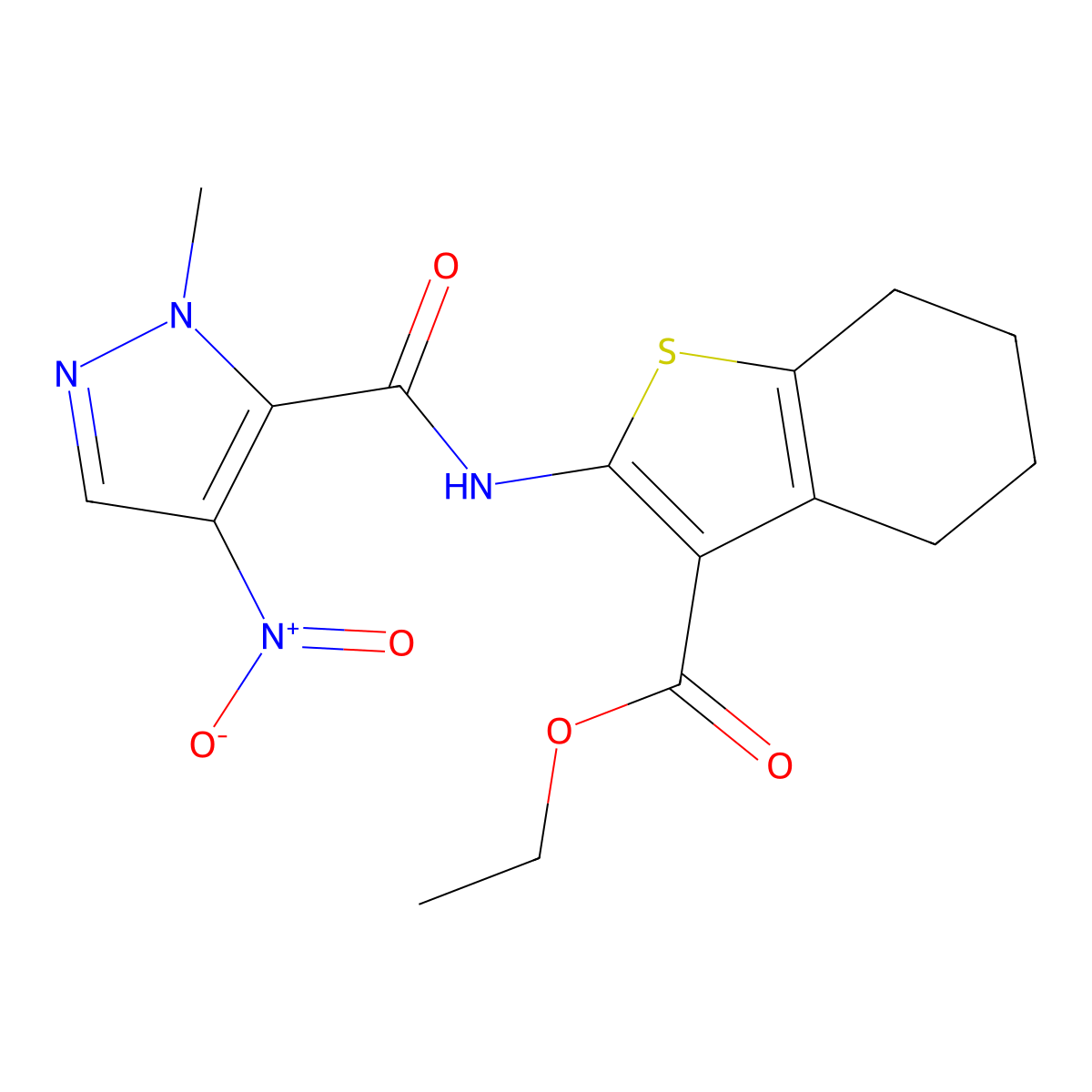 ethyl 2-{[(1-methyl-4-nitro-1H-pyrazol-5-yl)carbonyl]amino}-4,5,6,7-tetrahydro-1-benzothiophene-3-carboxylate molecular structure, CAS 294194-41-5