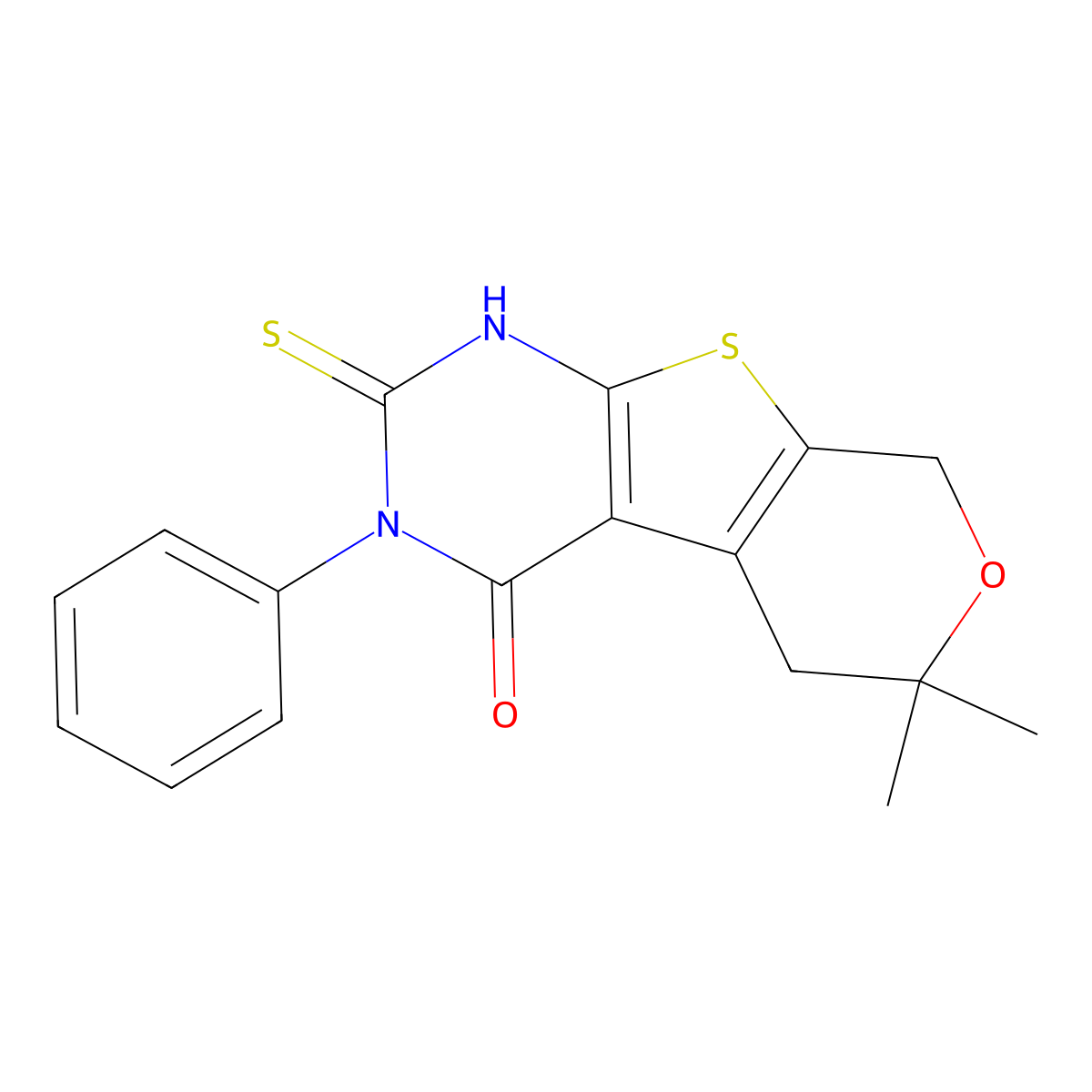 6,6-dimethyl-3-phenyl-2-sulfanyl-3,5,6,8-tetrahydro-4H-pyrano[4',3':4,5]thieno[2,3-d]pyrimidin-4-one molecular structure, CAS 294195-78-1