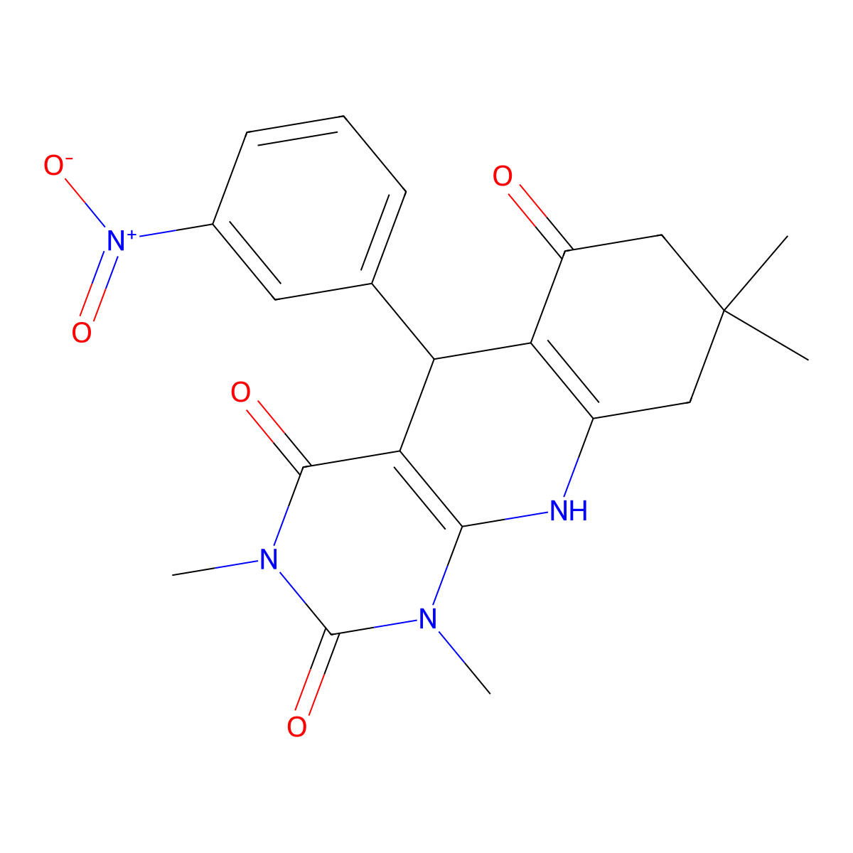 1,3,8,8-tetramethyl-5-(3-nitrophenyl)-5,8,9,10-tetrahydropyrimido[4,5-b]quinoline-2,4,6(1H,3H,7H)-trione molecular structure, CAS 294198-01-9