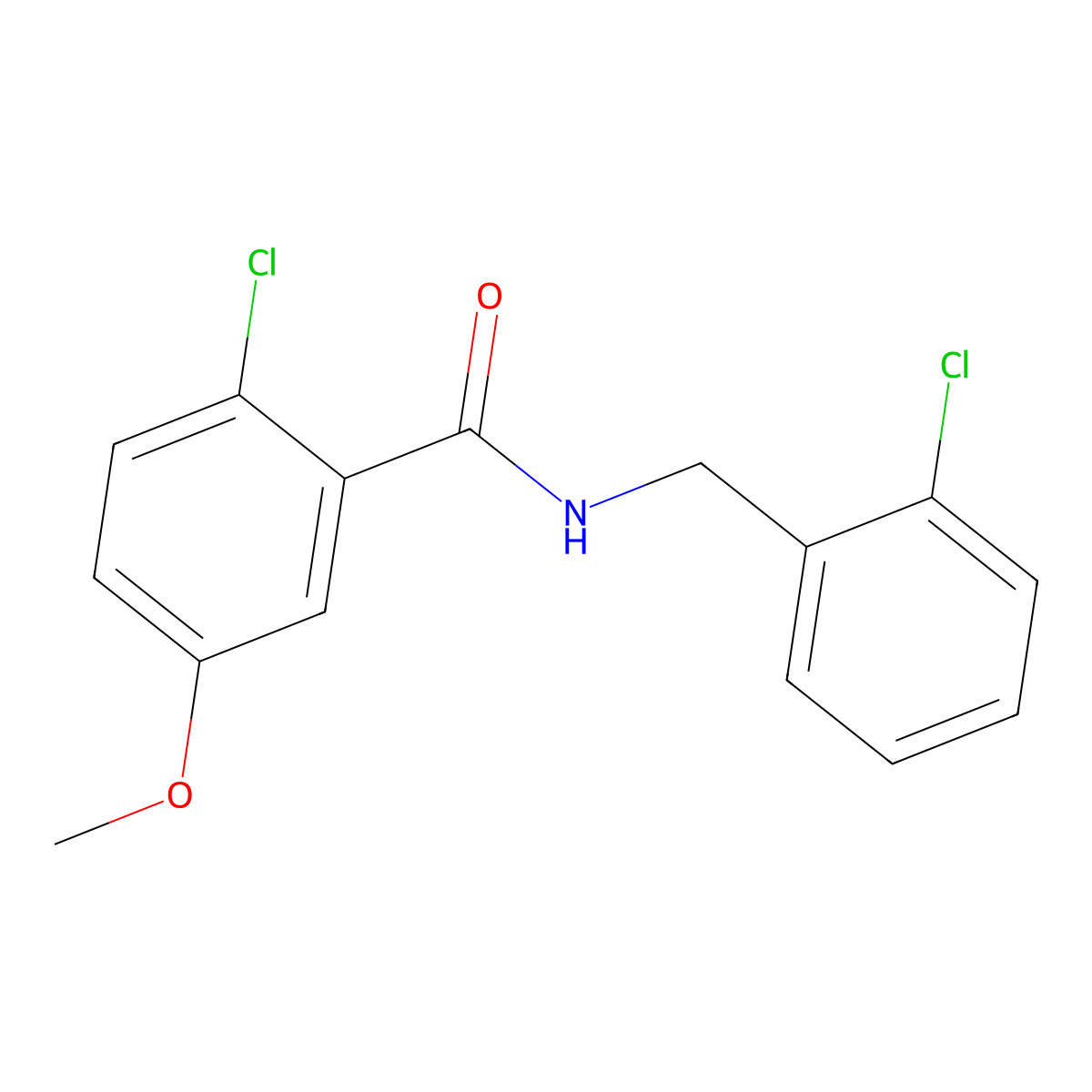 Benzamide, 2-chloro-N-[(2-chlorophenyl)methyl]-5-methoxy- molecular structure, CAS 2943429-35-2