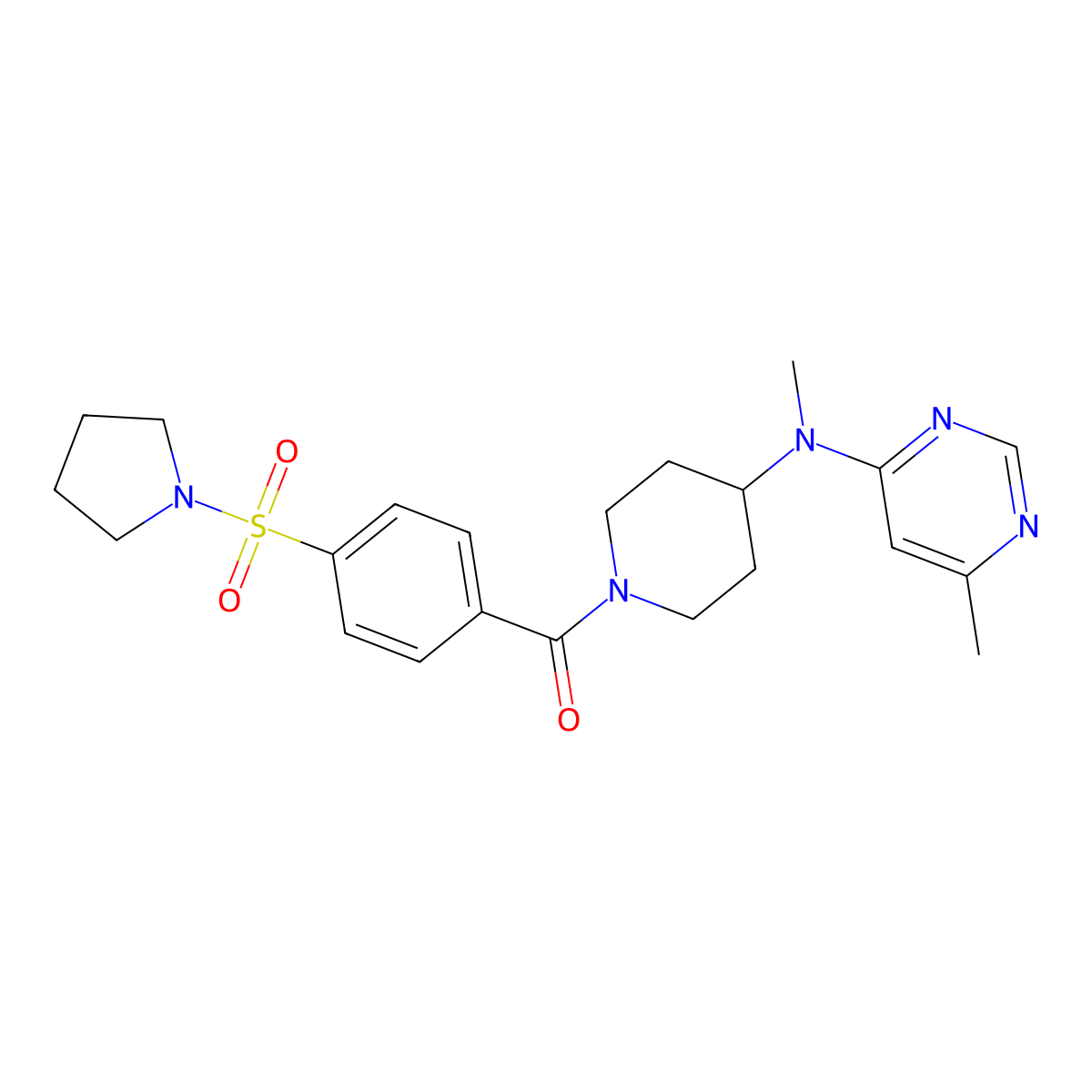 [4-[Methyl-(6-methylpyrimidin-4-yl)amino]piperidin-1-yl]-(4-pyrrolidin-1-ylsulfonylphenyl)methanone molecular structure, CAS 2943592-28-5