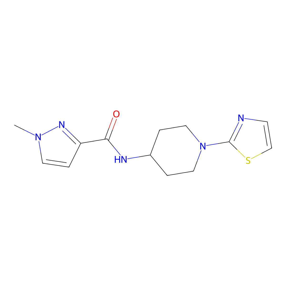 1-methyl-N-[1-(1,3-thiazol-2-yl)piperidin-4-yl]-1H-pyrazole-3-carboxamide molecular structure, CAS 2946253-11-6