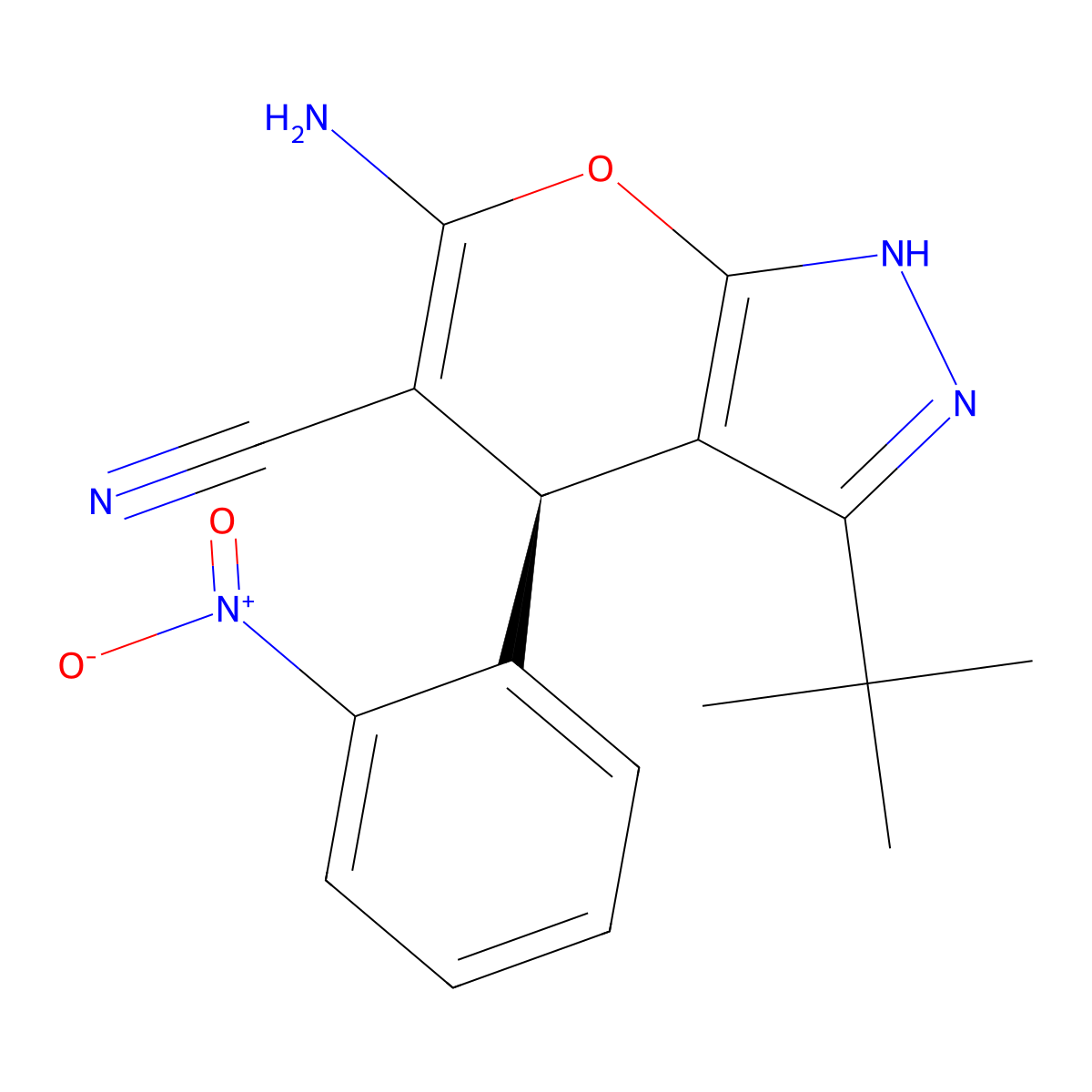 6-Amino-3-tert-butyl-4-{2-nitrophenyl}-1,4-dihydropyrano[2,3-c]pyrazole-5-carbonitrile molecular structure, CAS 294634-98-3