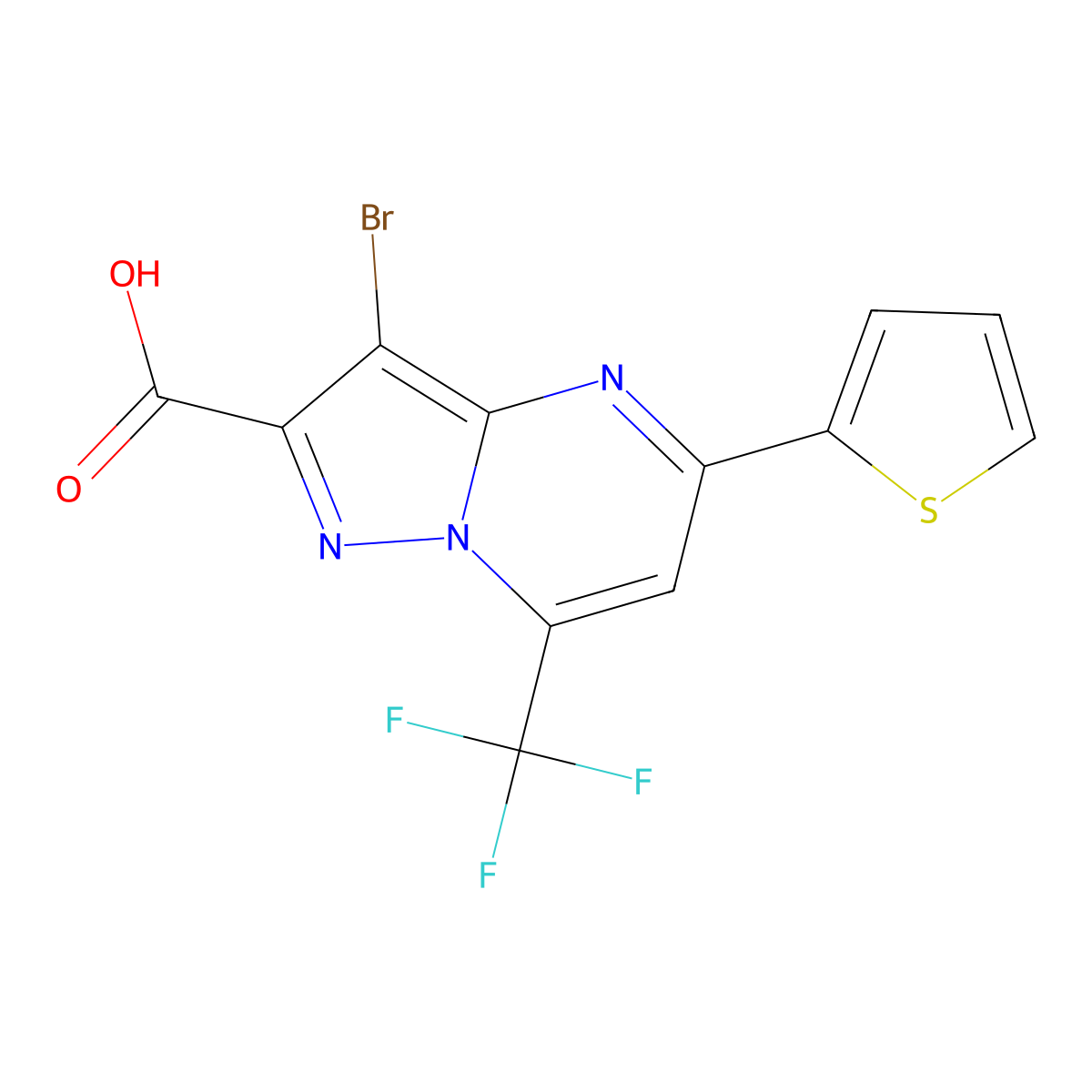 3-Bromo-5-(thiophen-2-yl)-7-(trifluoromethyl)pyrazolo[1,5-a]pyrimidine-2-carboxylic acid molecular structure, CAS 294649-60-8