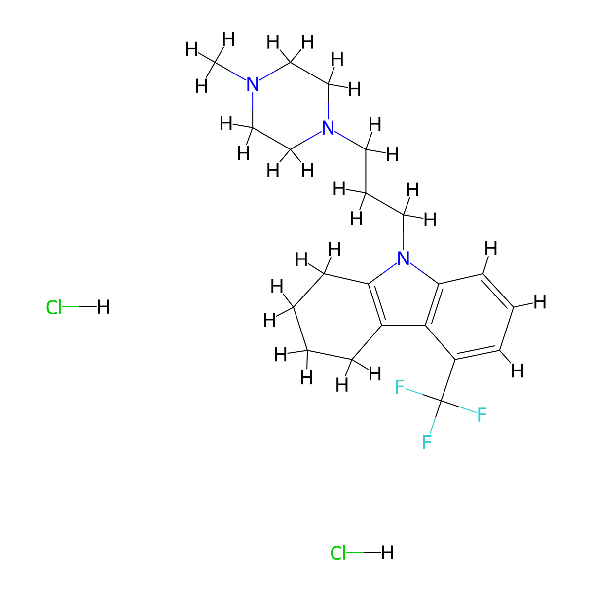 Carbazole, 1,2,3,4-tetrahydro-9-(3-(4-methyl-1-piperazinyl)propyl)-5(or 7)-(trifluoromethyl)-,dihydrochloride molecular structure, CAS 29465-21-2