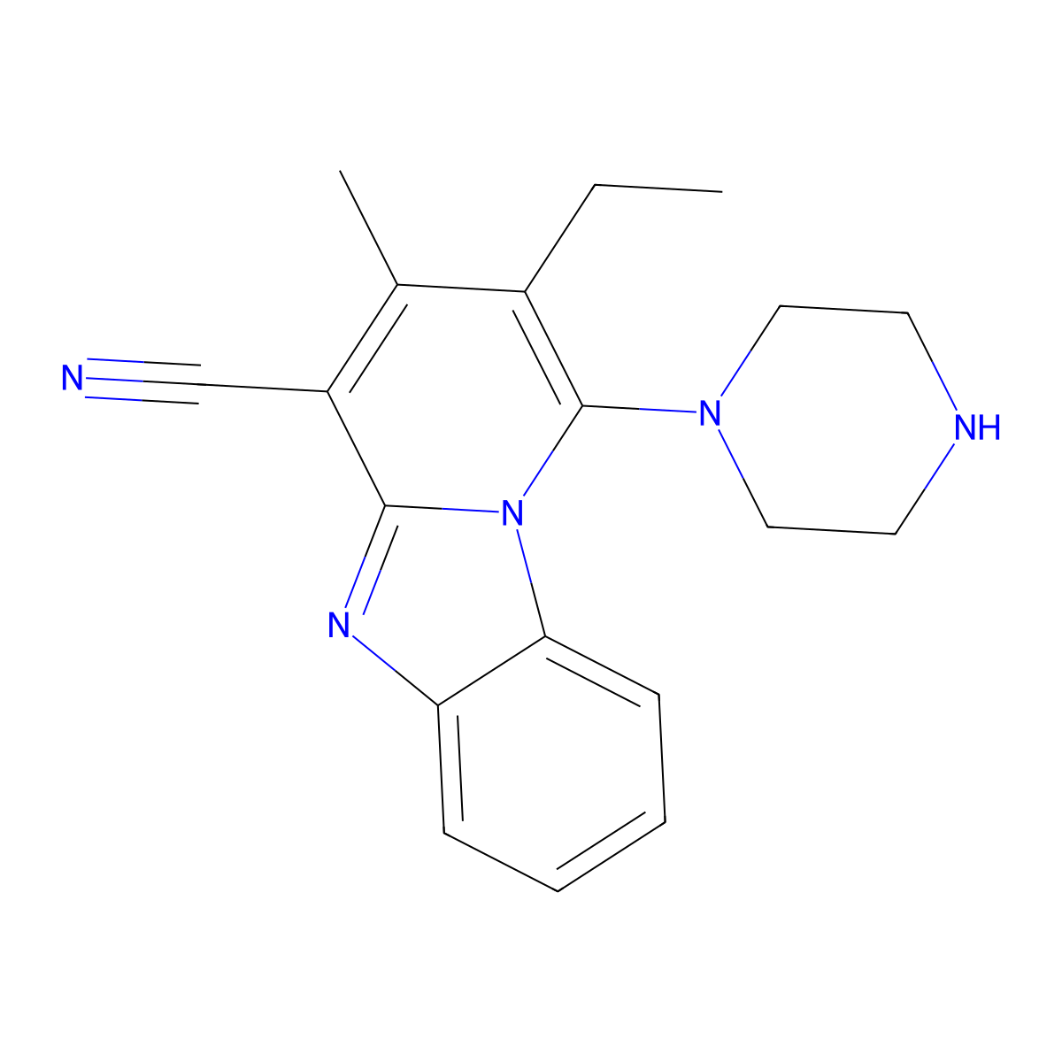 2-Ethyl-3-methyl-1-(piperazin-1-yl)pyrido[1,2-a]benzimidazole-4-carbonitrile molecular structure, CAS 294651-63-1