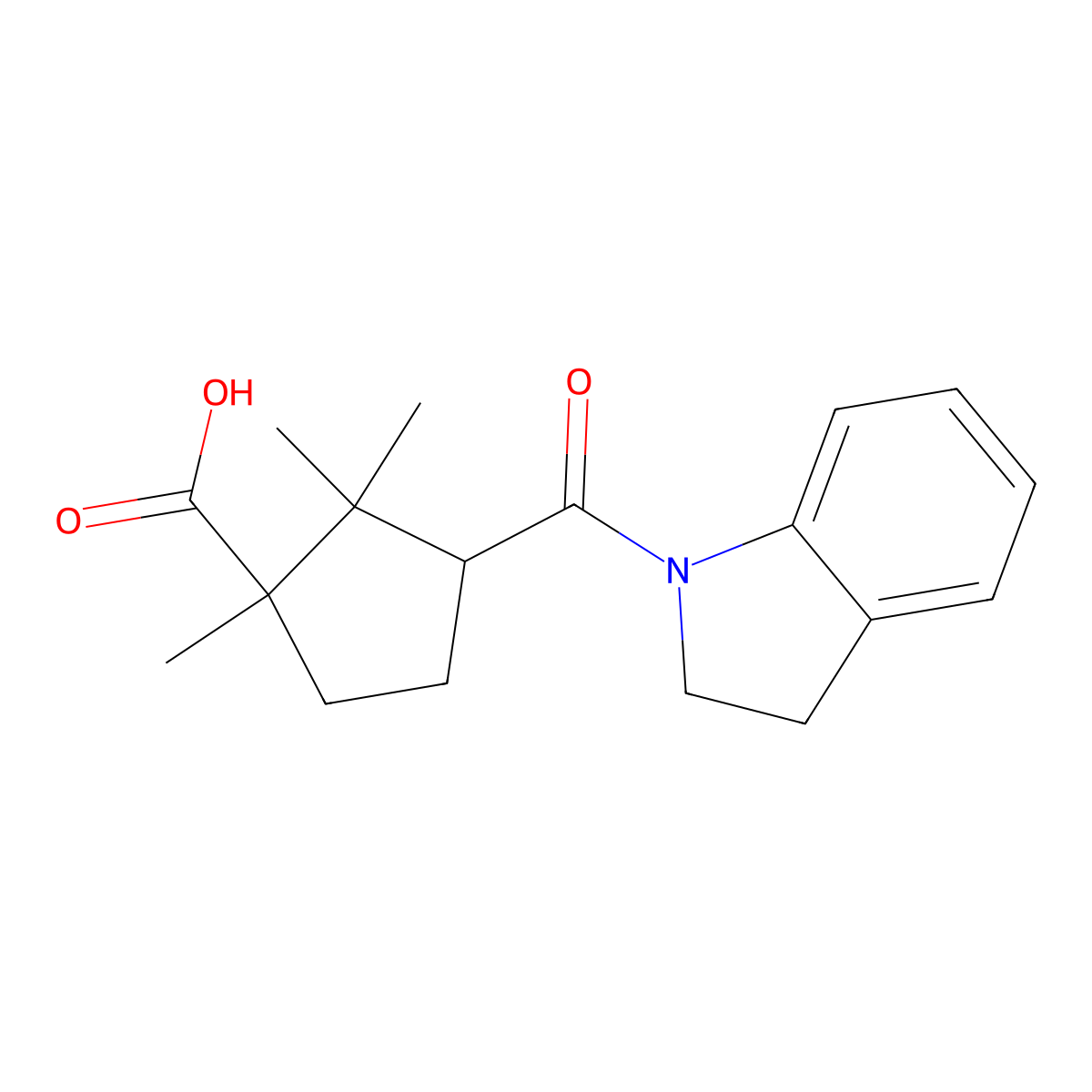 3-(2,3-dihydro-1H-indol-1-ylcarbonyl)-1,2,2-trimethylcyclopentanecarboxylic acid molecular structure, CAS 294656-72-7