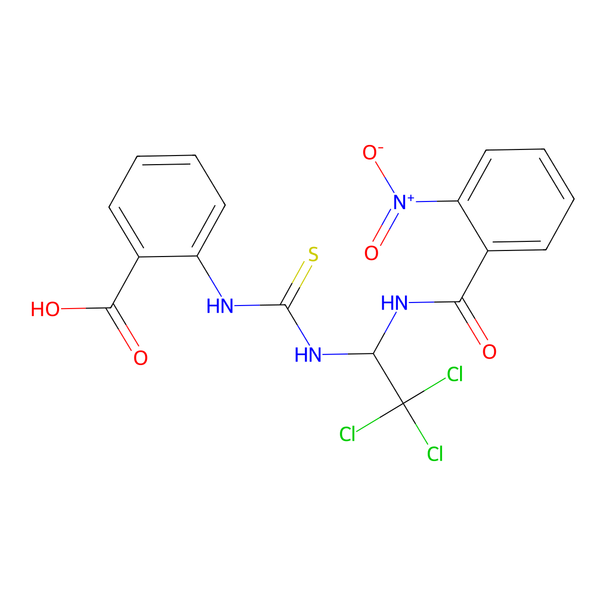 2-{[({2,2,2-Trichloro-1-[(2-nitrobenzoyl)amino]ethyl}amino)carbonothioyl]amino}benzoic acid molecular structure, CAS 294657-67-3