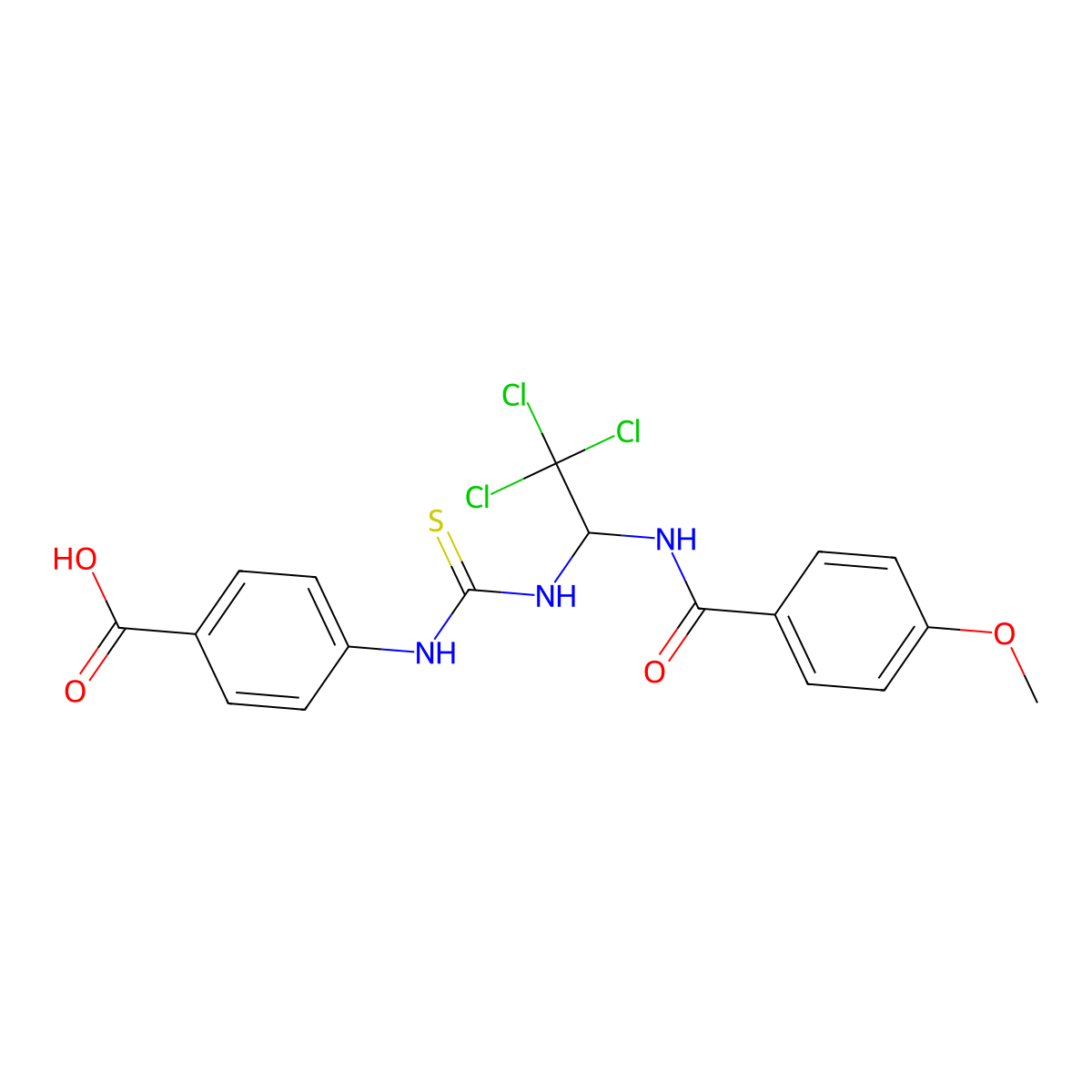 4-{[(2,2,2-Trichloro-1-{[(4-methoxyphenyl)carbonyl]amino}ethyl)carbamothioyl]amino}benzoic acid molecular structure, CAS 294658-43-8