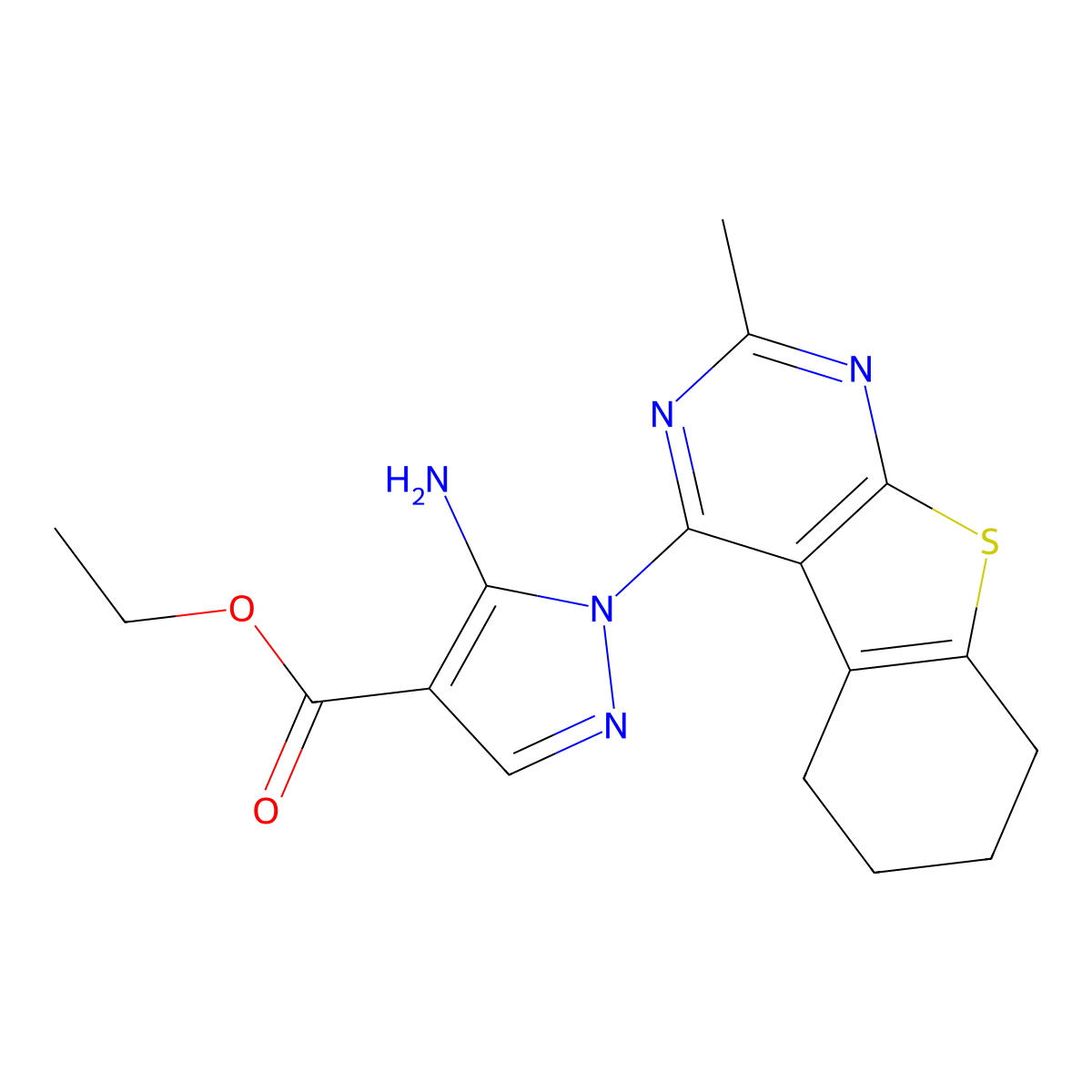 ethyl 5-amino-1-(2-methyl-5,6,7,8-tetrahydro[1]benzothieno[2,3-d]pyrimidin-4-yl)-1H-pyrazole-4-carboxylate molecular structure, CAS 294668-22-7