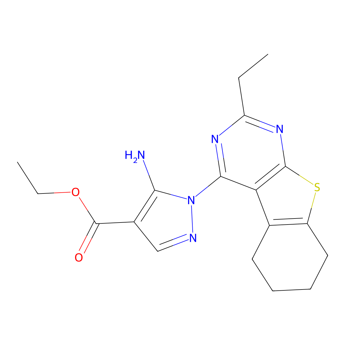 ethyl 5-amino-1-(2-ethyl-5,6,7,8-tetrahydro[1]benzothieno[2,3-d]pyrimidin-4-yl)-1H-pyrazole-4-carboxylate molecular structure, CAS 294668-38-5