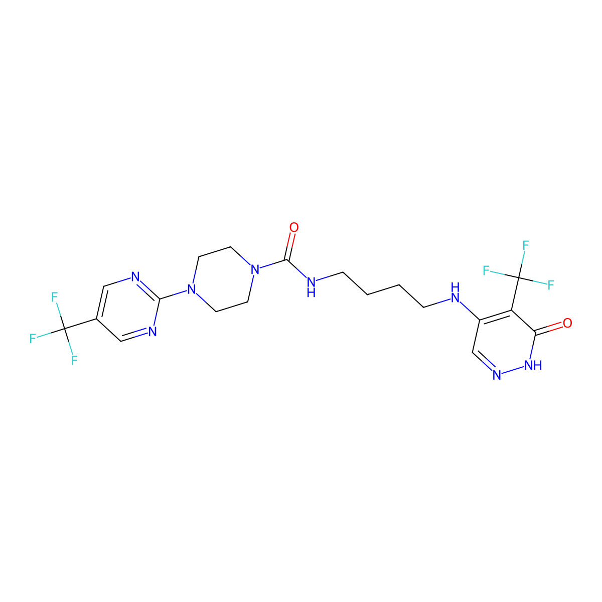 N-(4-((6-Oxo-5-(trifluoromethyl)-1,6-dihydropyridazin-4-yl)amino)butyl)-4-(5-(trifluoromethyl)pyrimidin-2-yl)piperazine-1-carboxamide molecular structure, CAS 2946705-91-3