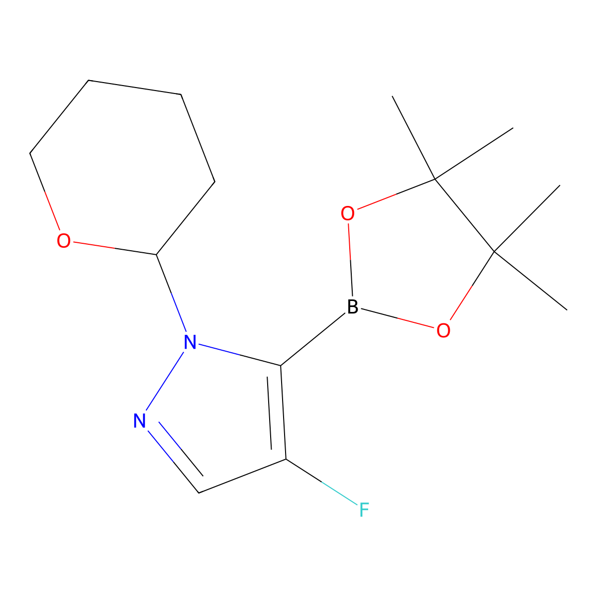 4-fluoro-1-(oxan-2-yl)-5-(4,4,5,5-tetramethyl-1,3,2-dioxaborolan-2-yl)-1H-pyrazole molecular structure, CAS 2946730-51-2