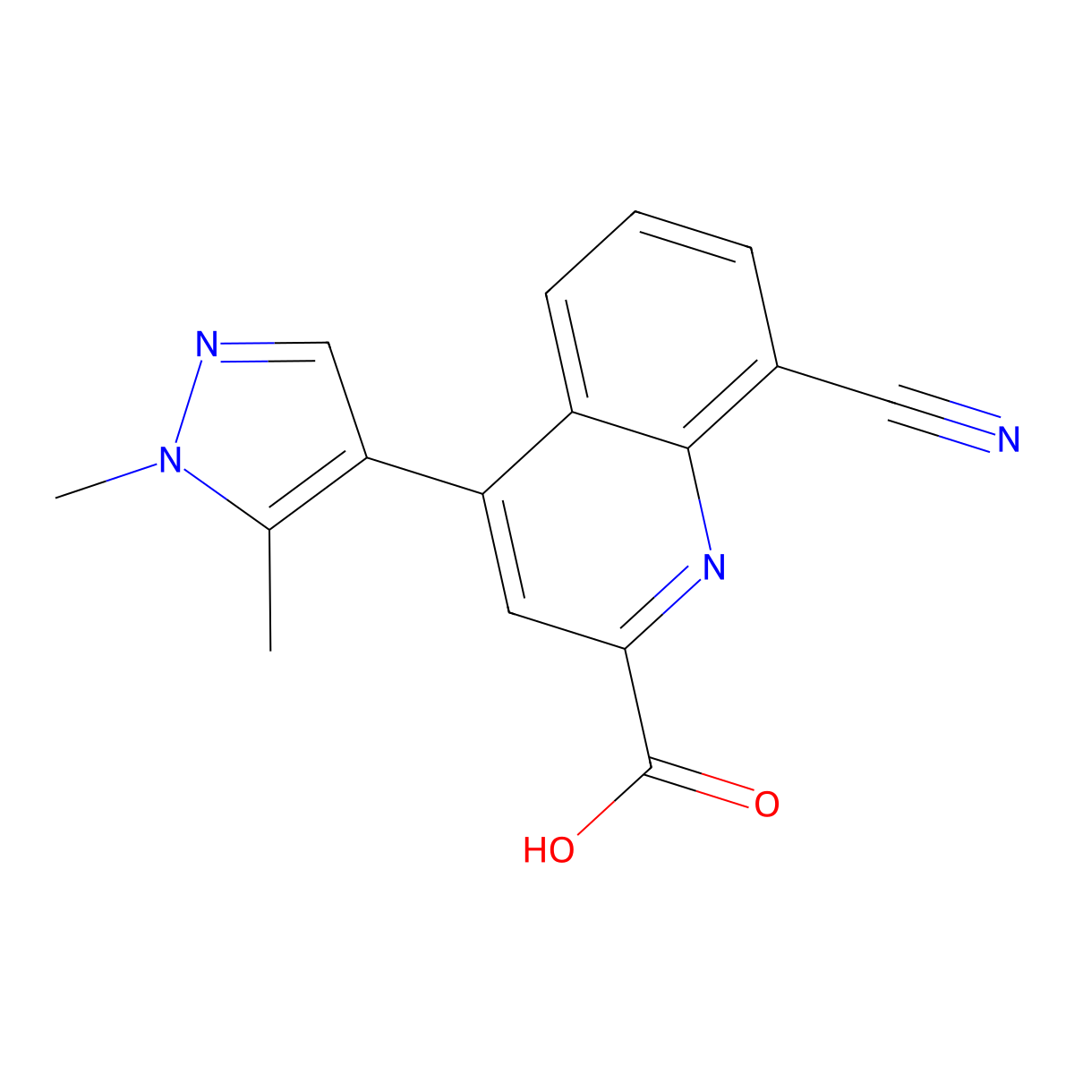 8-cyano-4-(1,5-dimethyl-1H-pyrazol-4-yl)quinoline-2-carboxylic acid molecular structure, CAS 2947422-86-6