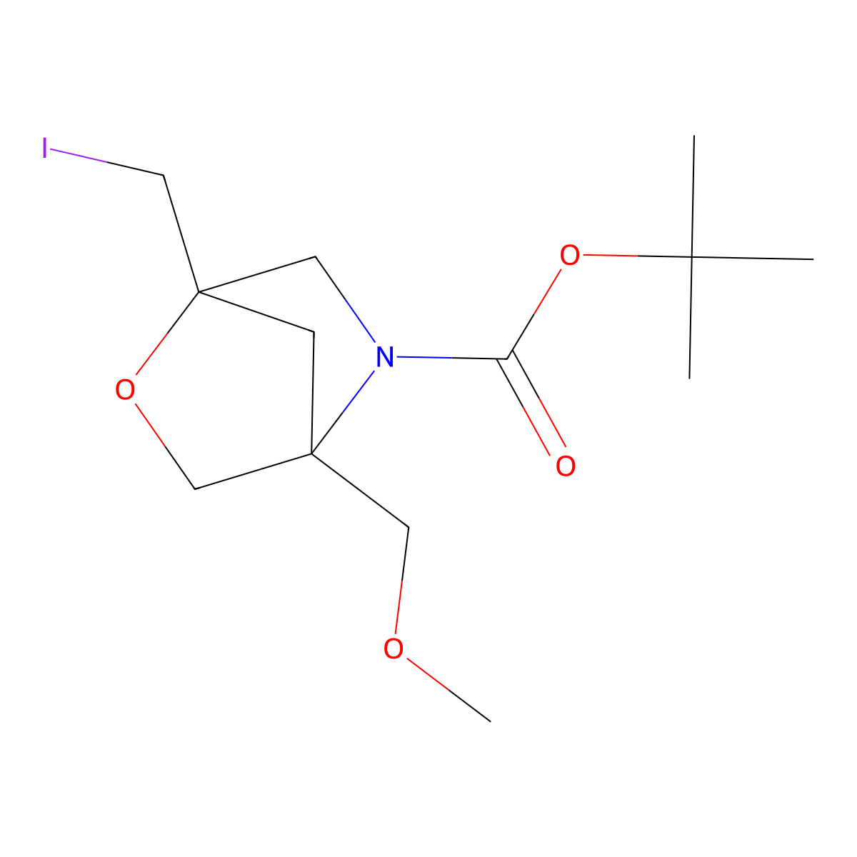 Tert-butyl 1-(iodomethyl)-4-(methoxymethyl)-2-oxa-5-azabicyclo[2.2.1]heptane-5-carboxylate molecular structure, CAS 2947423-72-3