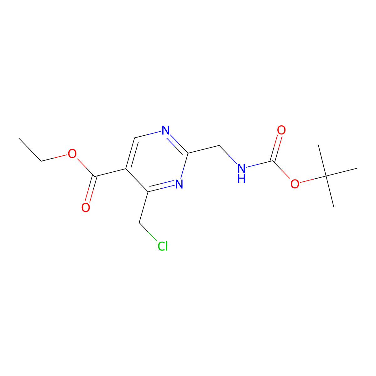 Ethyl 2-({[(tert-butoxy)carbonyl]amino}methyl)-4-(chloromethyl)pyrimidine-5-carboxylate molecular structure, CAS 2947423-89-2
