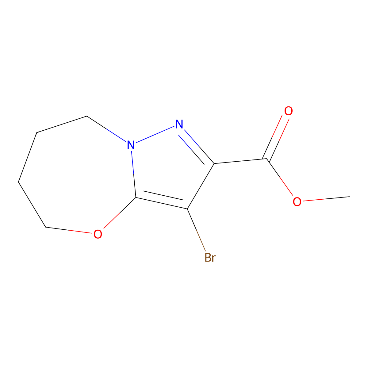 methyl 3-bromo-5H,6H,7H,8H-pyrazolo[3,2-b][1,3]oxazepine-2-carboxylate molecular structure, CAS 2947424-08-8