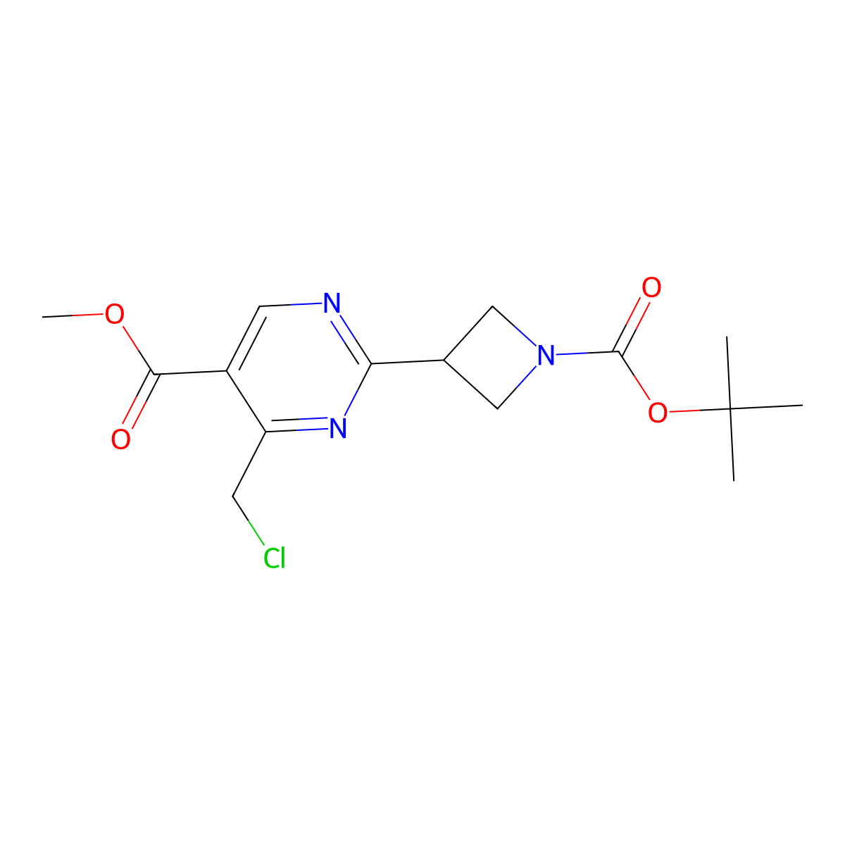 Methyl 2-{1-[(tert-butoxy)carbonyl]azetidin-3-yl}-4-(chloromethyl)pyrimidine-5-carboxylate molecular structure, CAS 2947425-62-7
