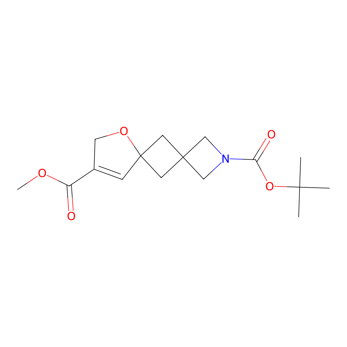 2-Tert-butyl 9-methyl 7-oxa-2-azadispiro[3.1.4^{6}.1^{4}]undec-9-ene-2,9-dicarboxylate molecular structure, CAS 2947425-77-4
