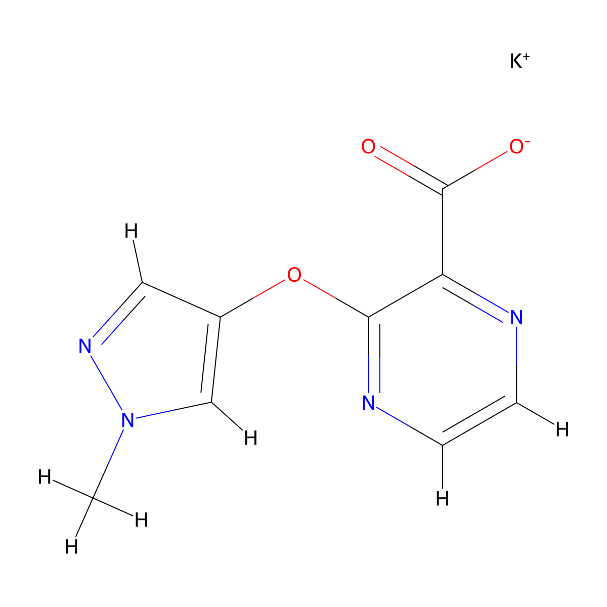 potassium 3-[(1-methyl-1H-pyrazol-4-yl)oxy]pyrazine-2-carboxylate molecular structure, CAS 2947427-52-1