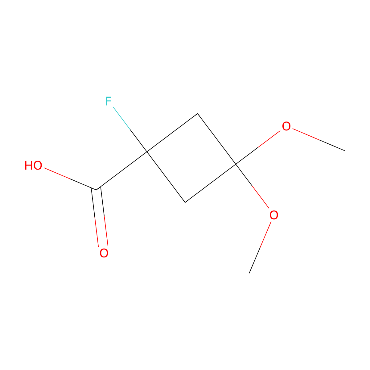 1-Fluoro-3,3-dimethoxycyclobutane-1-carboxylic acid molecular structure, CAS 2947428-20-6