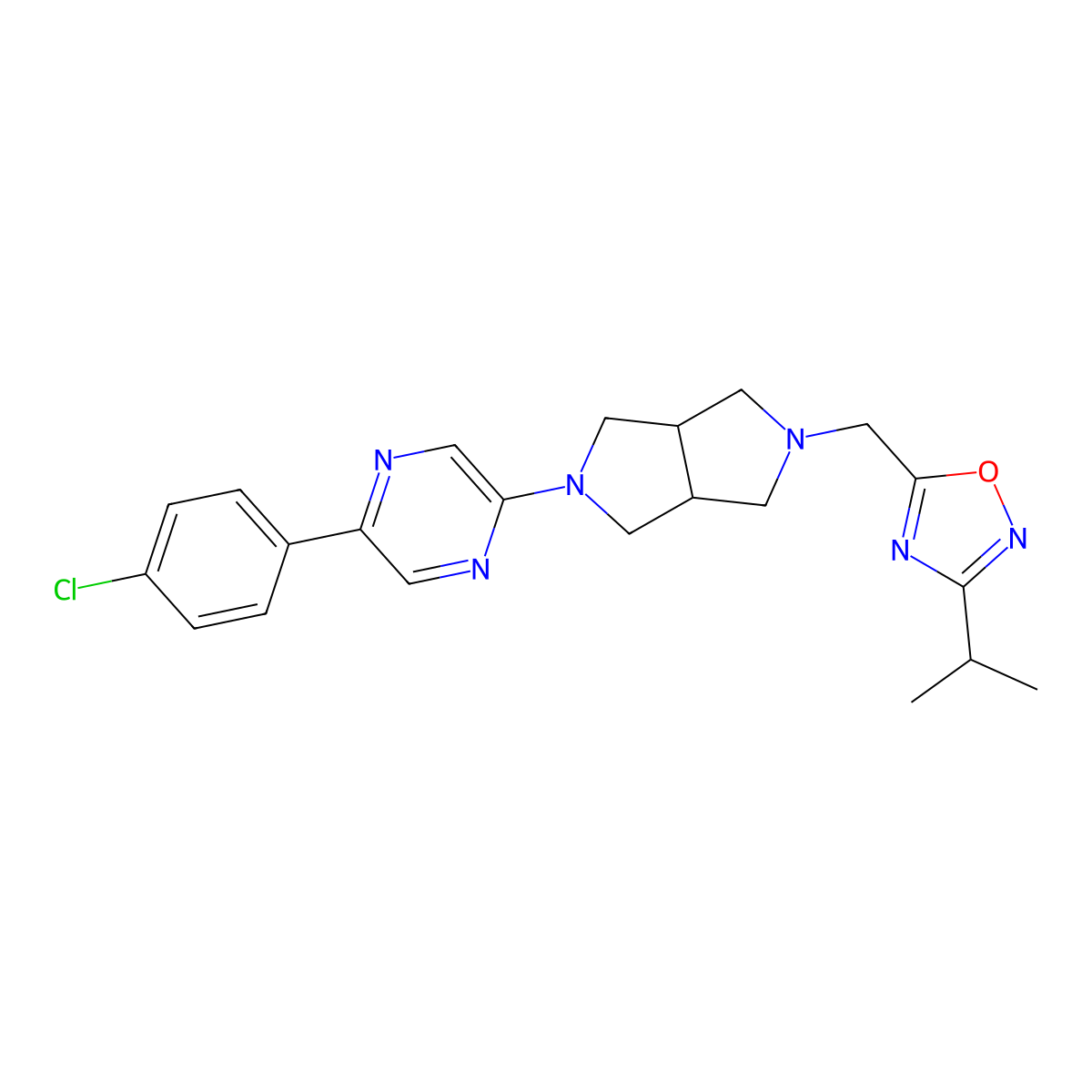 2-(4-Chlorophenyl)-5-(5-{[3-(propan-2-yl)-1,2,4-oxadiazol-5-yl]methyl}-octahydropyrrolo[3,4-c]pyrrol-2-yl)pyrazine molecular structure, CAS 2948455-07-8