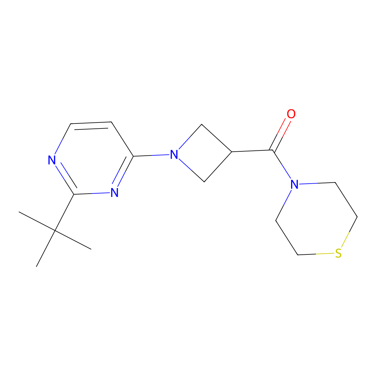 4-[1-(2-Tert-butylpyrimidin-4-yl)azetidine-3-carbonyl]thiomorpholine molecular structure, CAS 2948463-60-1