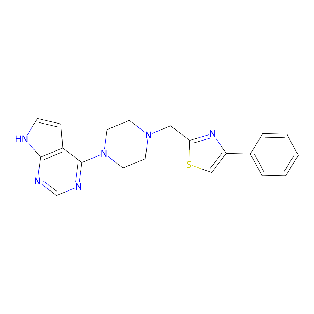 4-phenyl-2-[[4-(7H-pyrrolo[2,3-d]pyrimidin-4-yl)piperazin-1-yl]methyl]-1,3-thiazole molecular structure, CAS 2948466-04-2