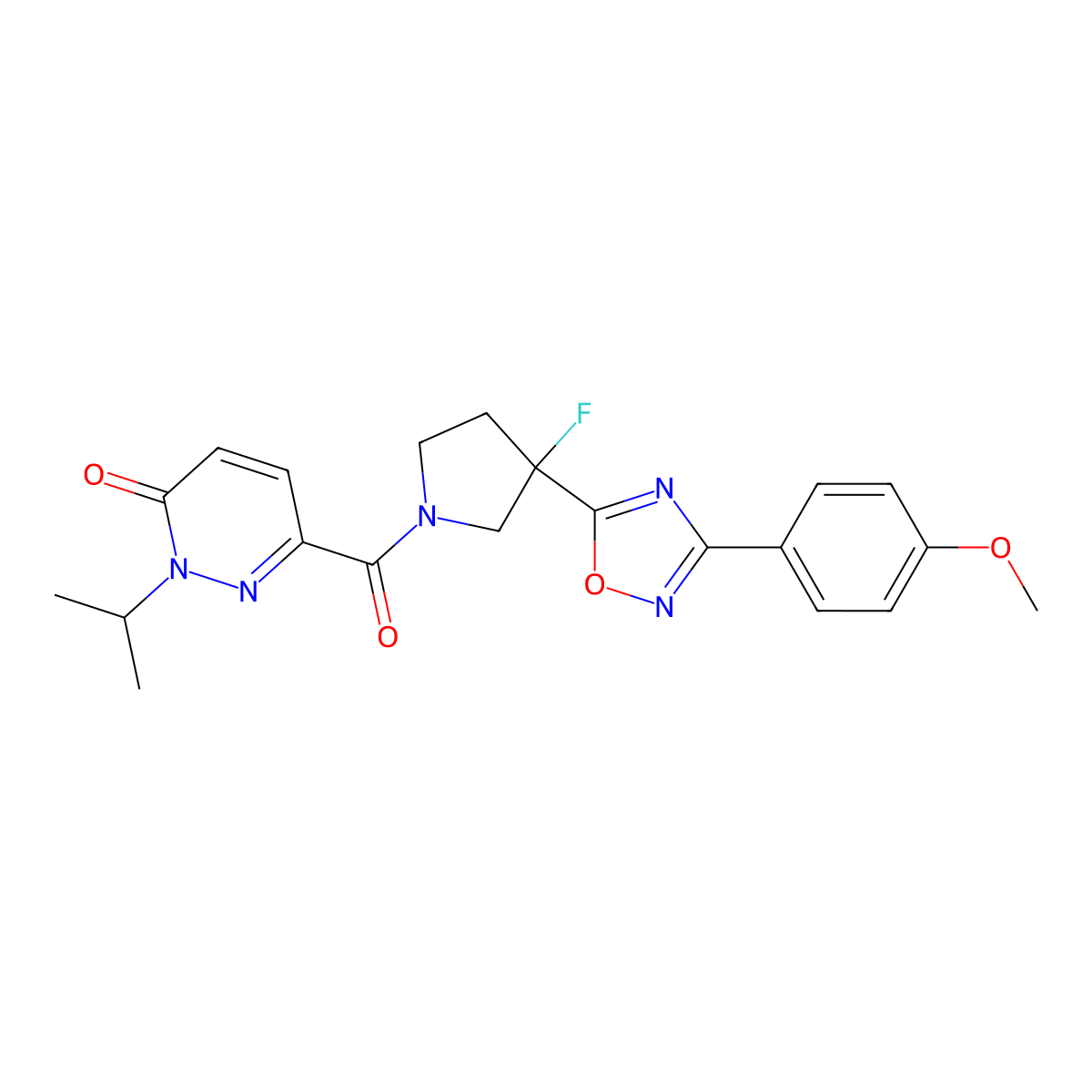 6-[3-Fluoro-3-[3-(4-methoxyphenyl)-1,2,4-oxadiazol-5-yl]pyrrolidine-1-carbonyl]-2-propan-2-ylpyridazin-3-one molecular structure, CAS 2948467-19-2