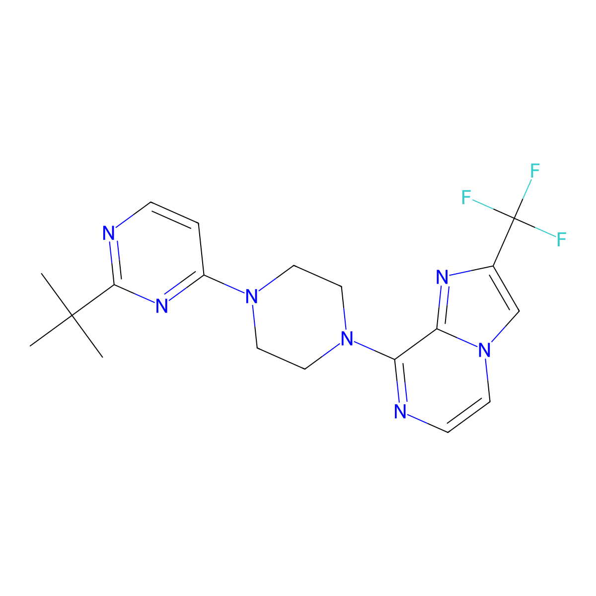 2-Tert-butyl-4-{4-[2-(trifluoromethyl)imidazo[1,2-a]pyrazin-8-yl]piperazin-1-yl}pyrimidine molecular structure, CAS 2948494-42-4