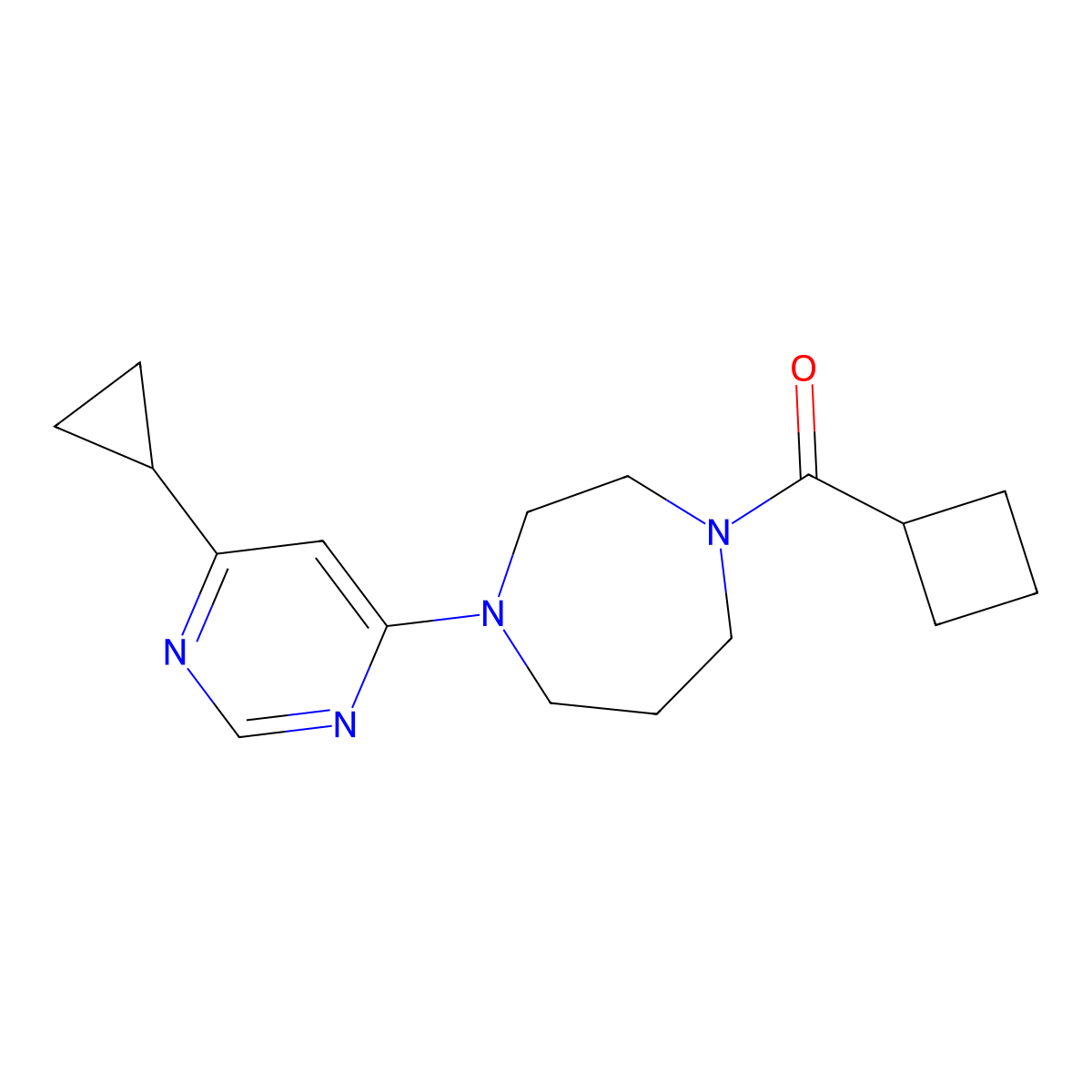1-Cyclobutanecarbonyl-4-(6-cyclopropylpyrimidin-4-yl)-1,4-diazepane molecular structure, CAS 2948499-81-6