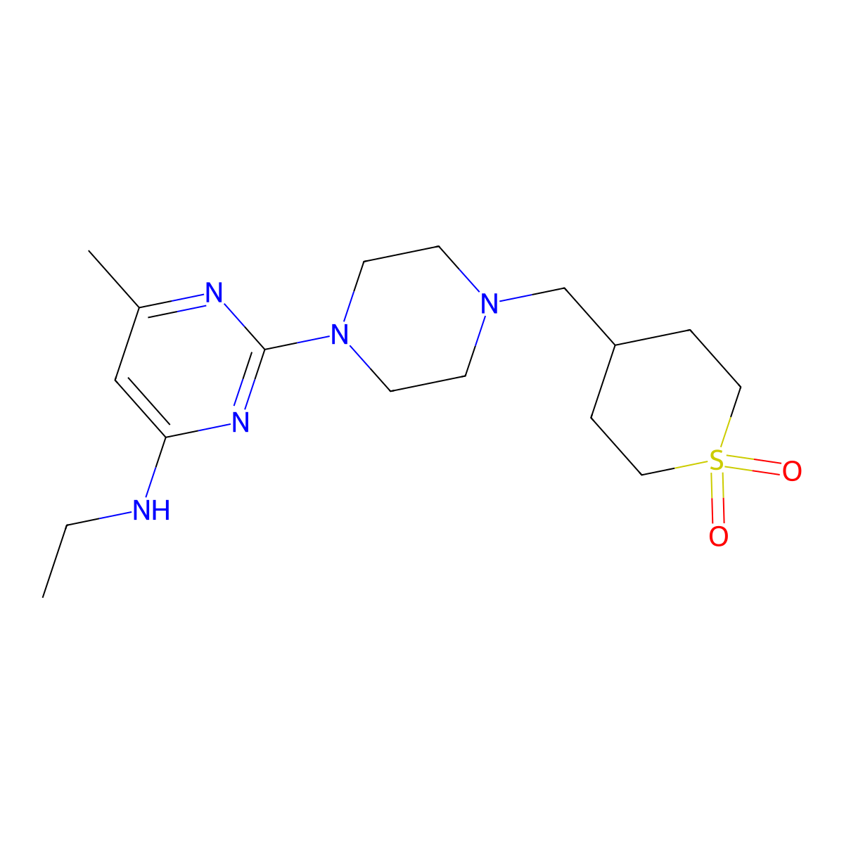 2-[4-[(1,1-dioxothian-4-yl)methyl]piperazin-1-yl]-N-ethyl-6-methylpyrimidin-4-amine molecular structure, CAS 2948507-97-7