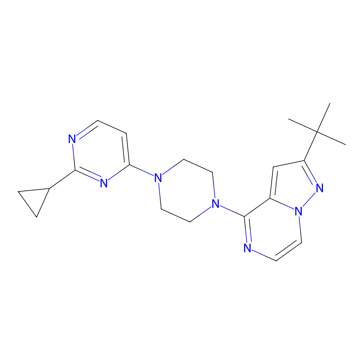 2-Tert-butyl-4-[4-(2-cyclopropylpyrimidin-4-yl)piperazin-1-yl]pyrazolo[1,5-a]pyrazine molecular structure, CAS 2948509-28-0