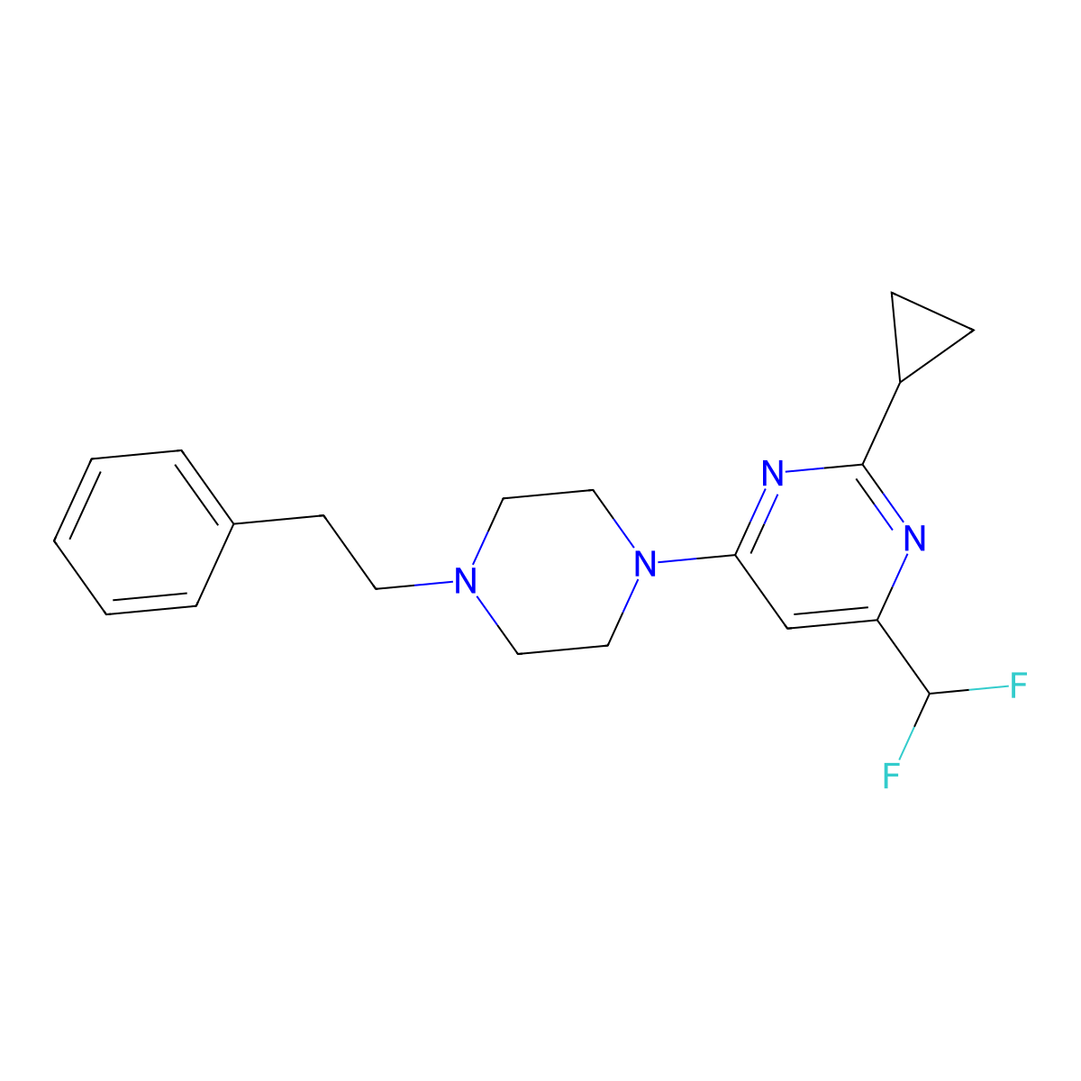 2Cyclopropyl-4-(difluoromethyl)-6-[4-(2-phenylethyl)piperazin-1-yl]pyrimidine molecular structure, CAS 2948511-13-3