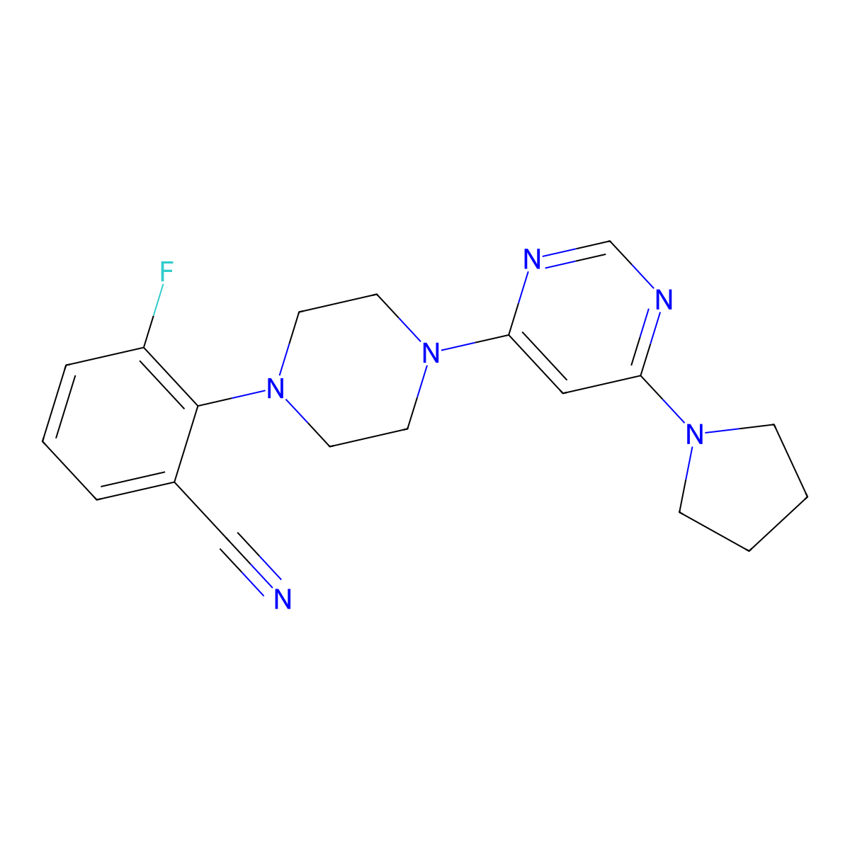 3-Fluoro-2-[4-(6-pyrrolidin-1-ylpyrimidin-4-yl)piperazin-1-yl]benzonitrile molecular structure, CAS 2948523-48-4