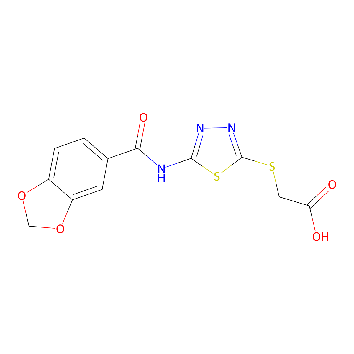2-({5-[(1,3-Benzodioxol-5-ylcarbonyl)amino]-1,3,4-thiadiazol-2-yl}sulfanyl)acetic acid molecular structure, CAS 294853-40-0