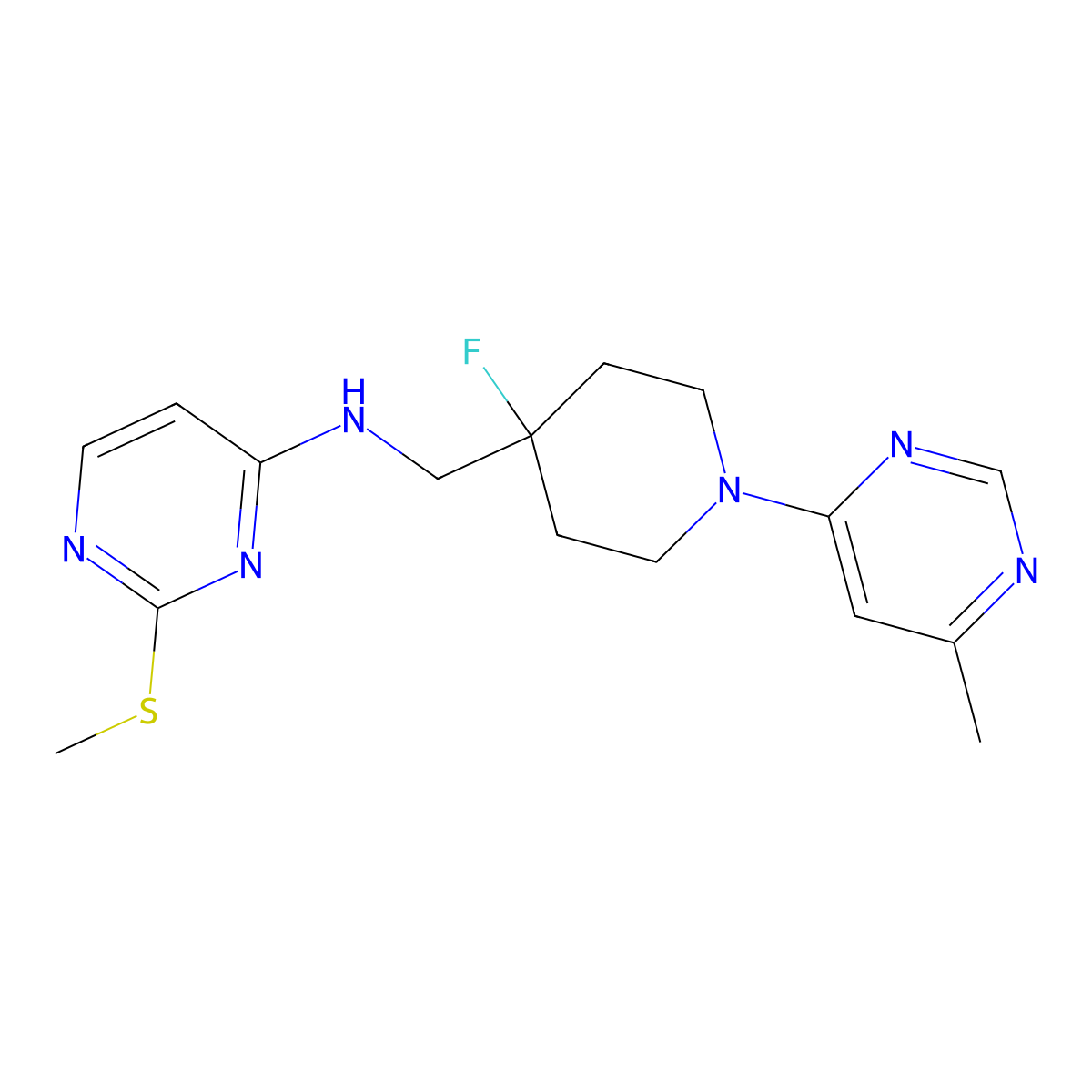 N-[[4-fluoro-1-(6-methylpyrimidin-4-yl)piperidin-4-yl]methyl]-2-methylsulfanylpyrimidin-4-amine molecular structure, CAS 2948534-81-2