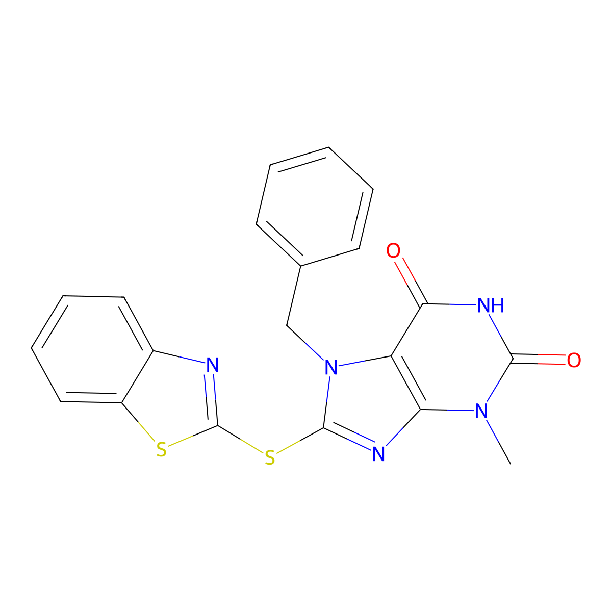 8-(1,3-Benzothiazol-2-ylsulfanyl)-7-benzyl-3-methylpurine-2,6-dione molecular structure, CAS 294854-23-2