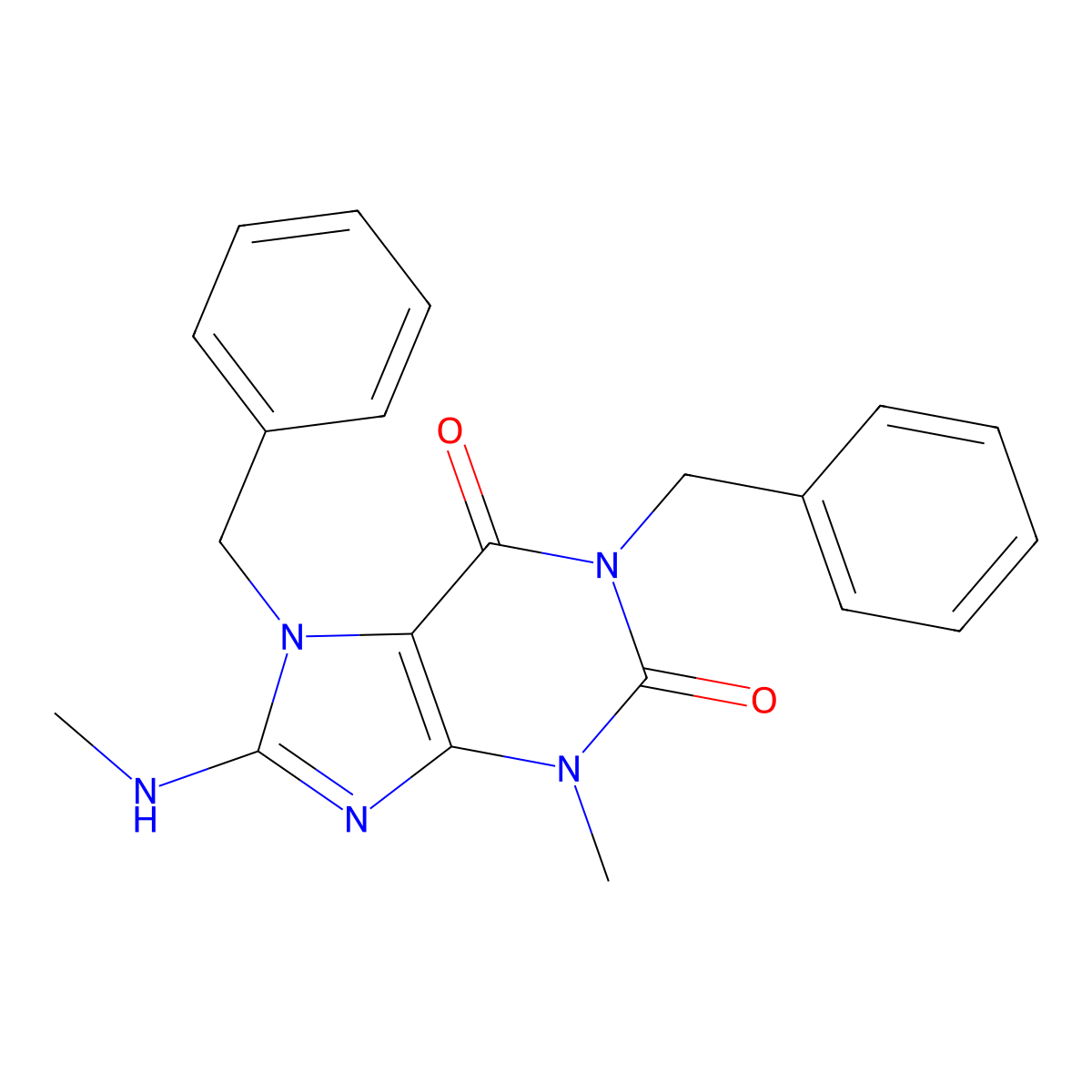 1,7-Dibenzyl-3-methyl-8-(methylamino)purine-2,6-dione molecular structure, CAS 294854-24-3