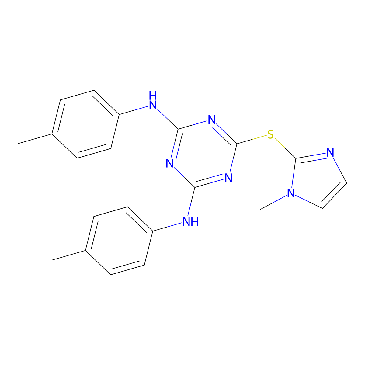 6-[(1-methyl-1H-imidazol-2-yl)sulfanyl]-N,N'-bis(4-methylphenyl)-1,3,5-triazine-2,4-diamine molecular structure, CAS 294873-87-3