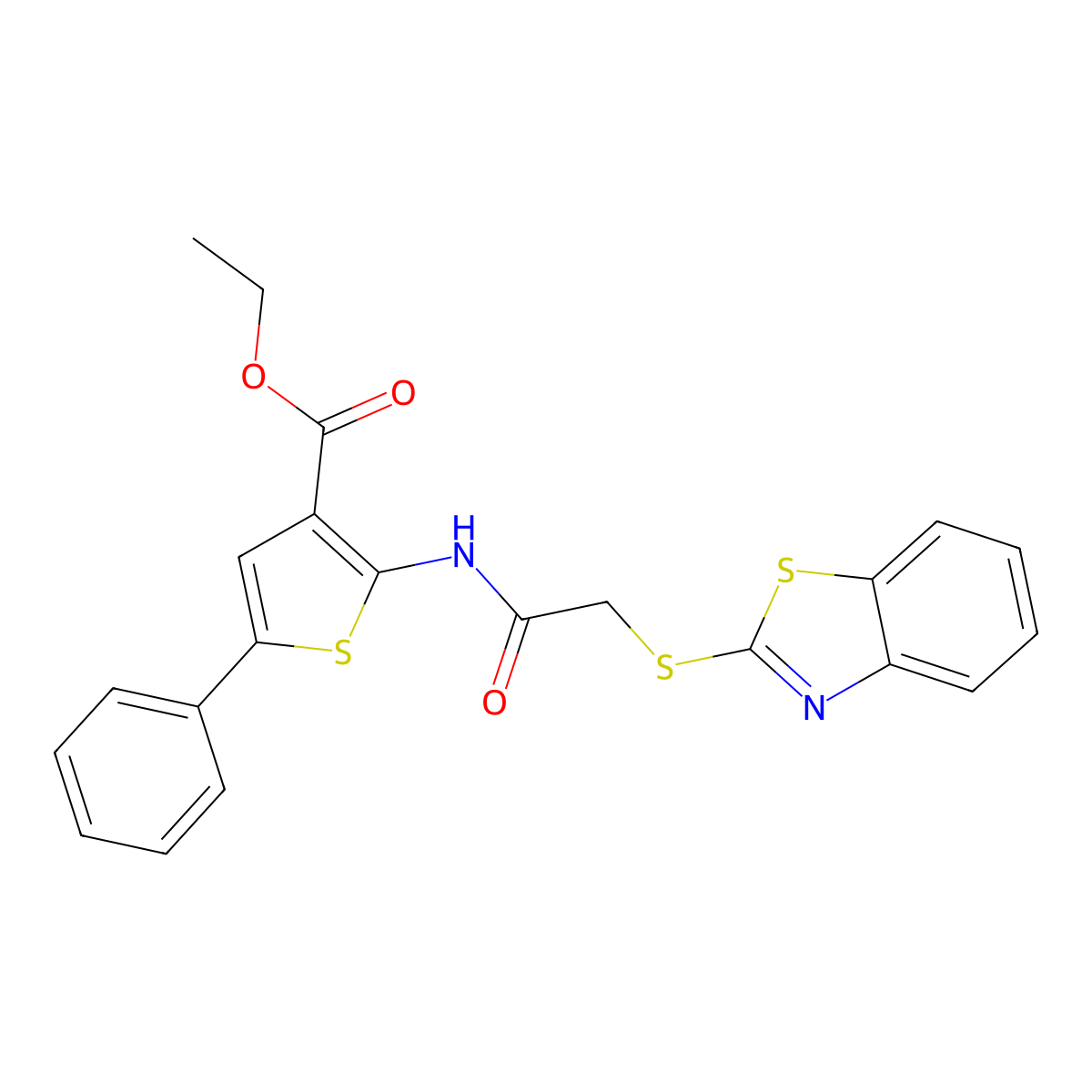 Ethyl 2-{[(1,3-benzothiazol-2-ylsulfanyl)acetyl]amino}-5-phenyl-3-thiophenecarboxylate molecular structure, CAS 294874-24-1