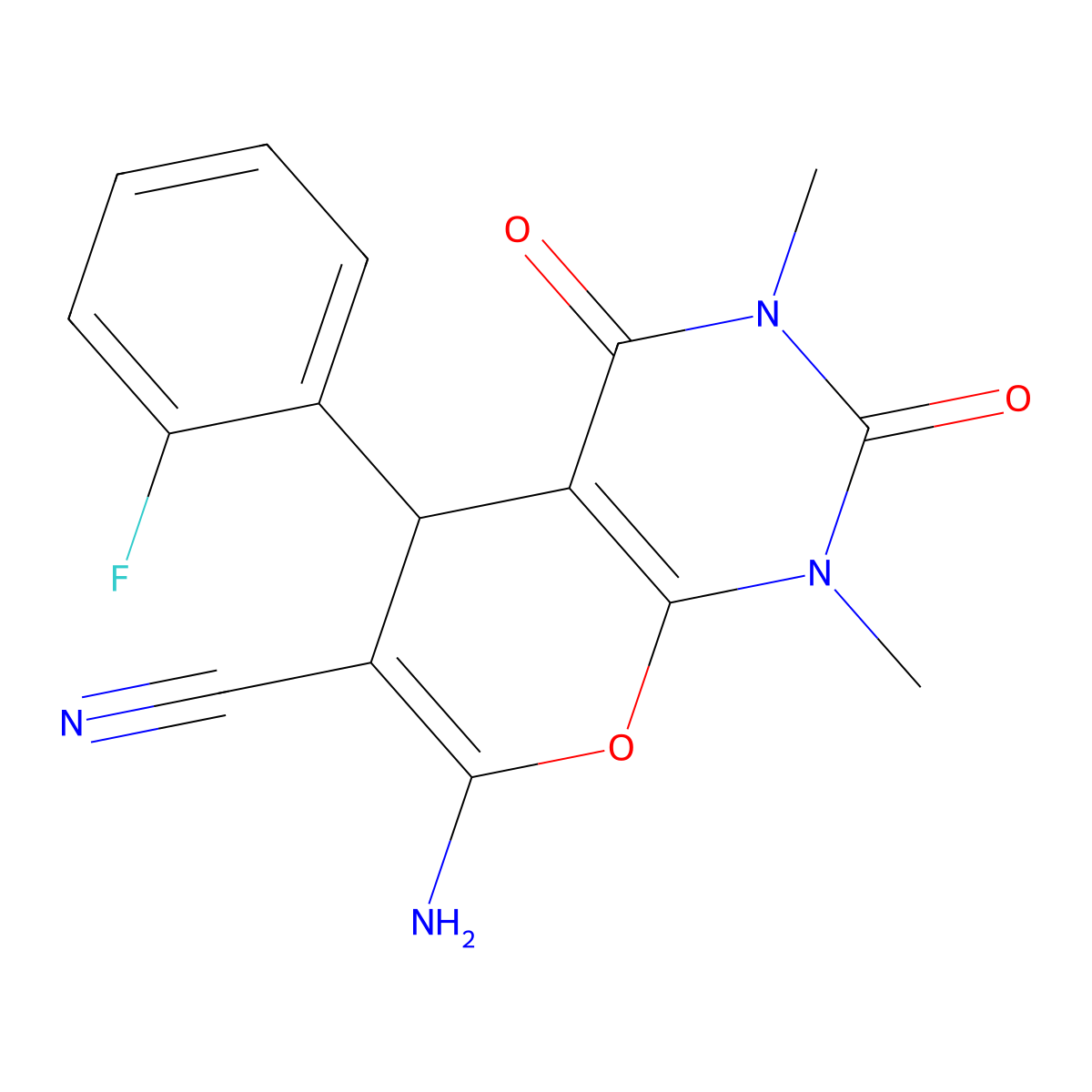7-Amino-5-(2-fluorophenyl)-1,3-dimethyl-2,4-dioxo-1,3,4,5-tetrahydro-2H-pyrano[2,3-d]pyrimidine-6-carbonitrile molecular structure, CAS 294874-37-6